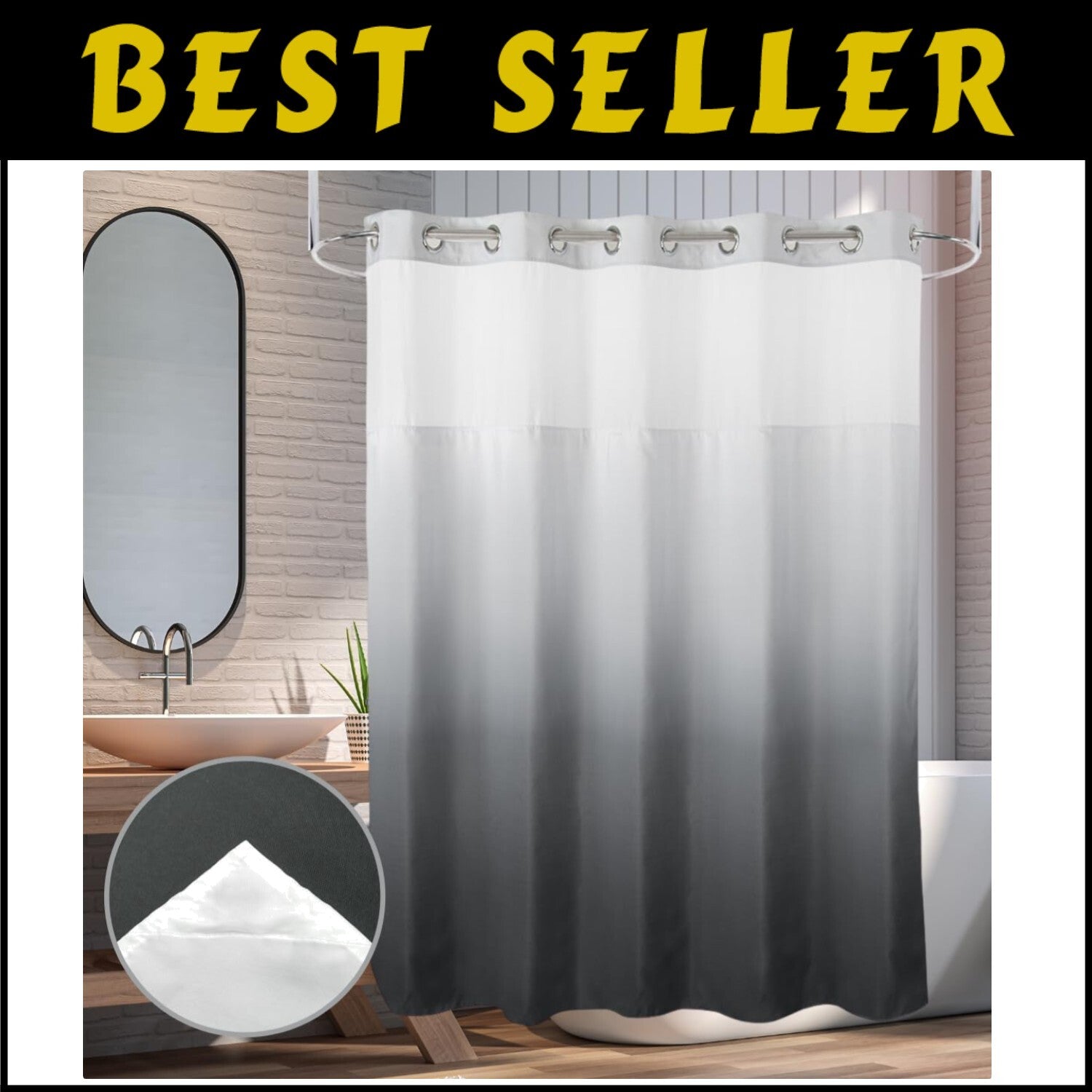 Elegant Gradient Grey Waterproof Shower Curtain with Snap Liner - 71" W x 74" L