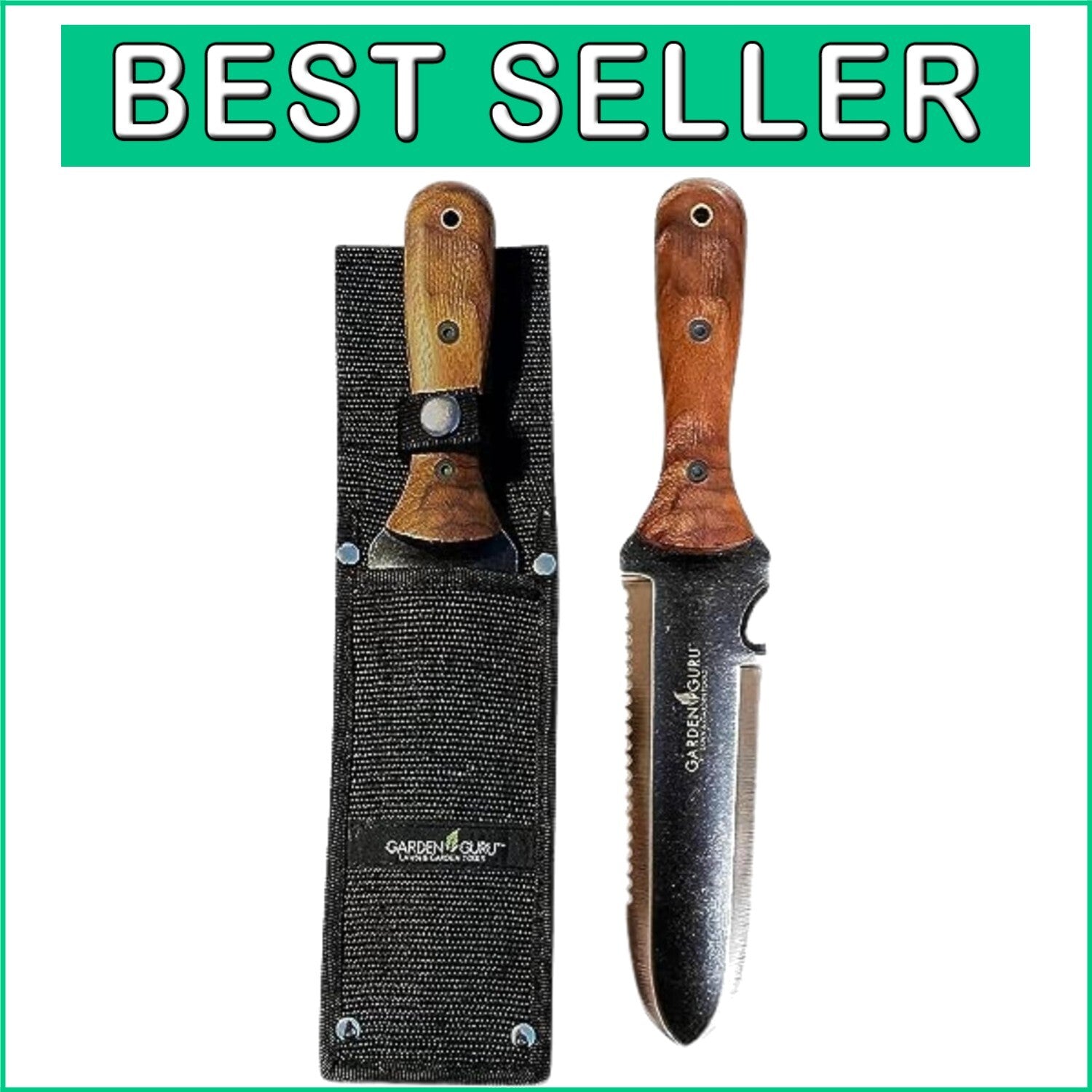 All-in-One Stainless Steel Hori Hori Knife with Wood Handle & Garden Accessories