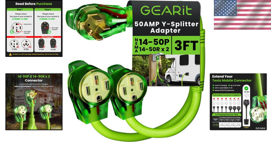 Bright Green 50A Y Splitter Adapter for RV & EV - NEMA 14-50P to 2 NEMA 14-50R