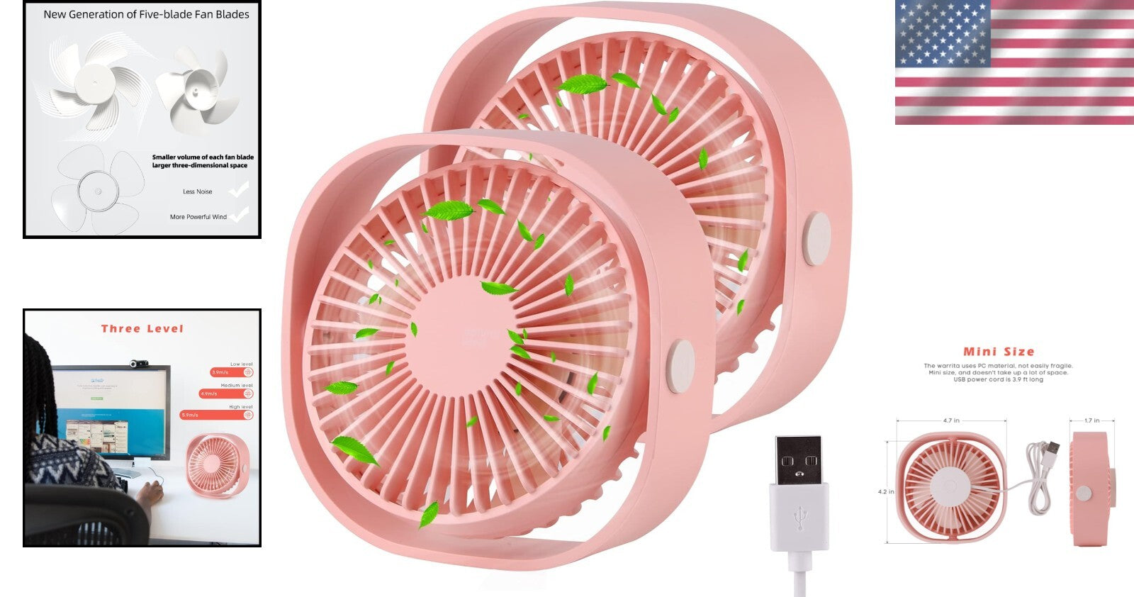2-Piece Ultra Quiet Portable Pink Table Fan with 360° Rotation & USB Power