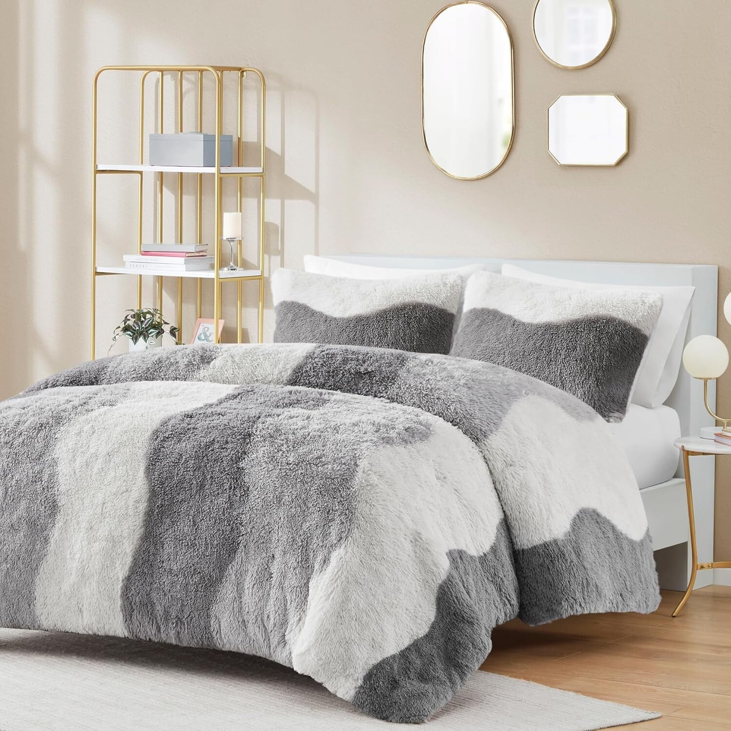 Oeko-Tex Certified Shaggy Faux Fur Comforter Set in Stylish Grey Ombre, 3-Piece