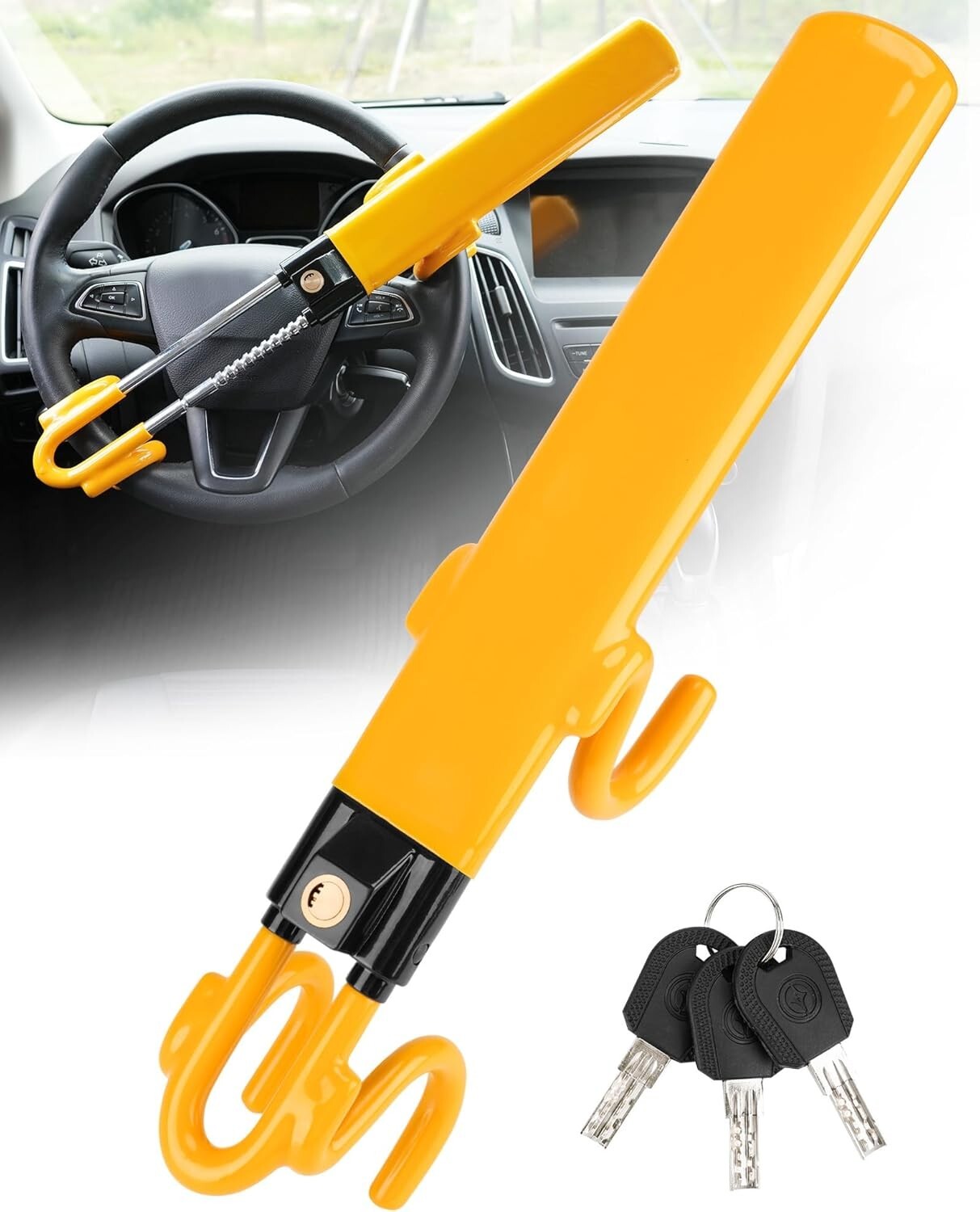 Adjustable Antitheft Steering Wheel Lock with 3 Keys - Bright Deterrent for Cars