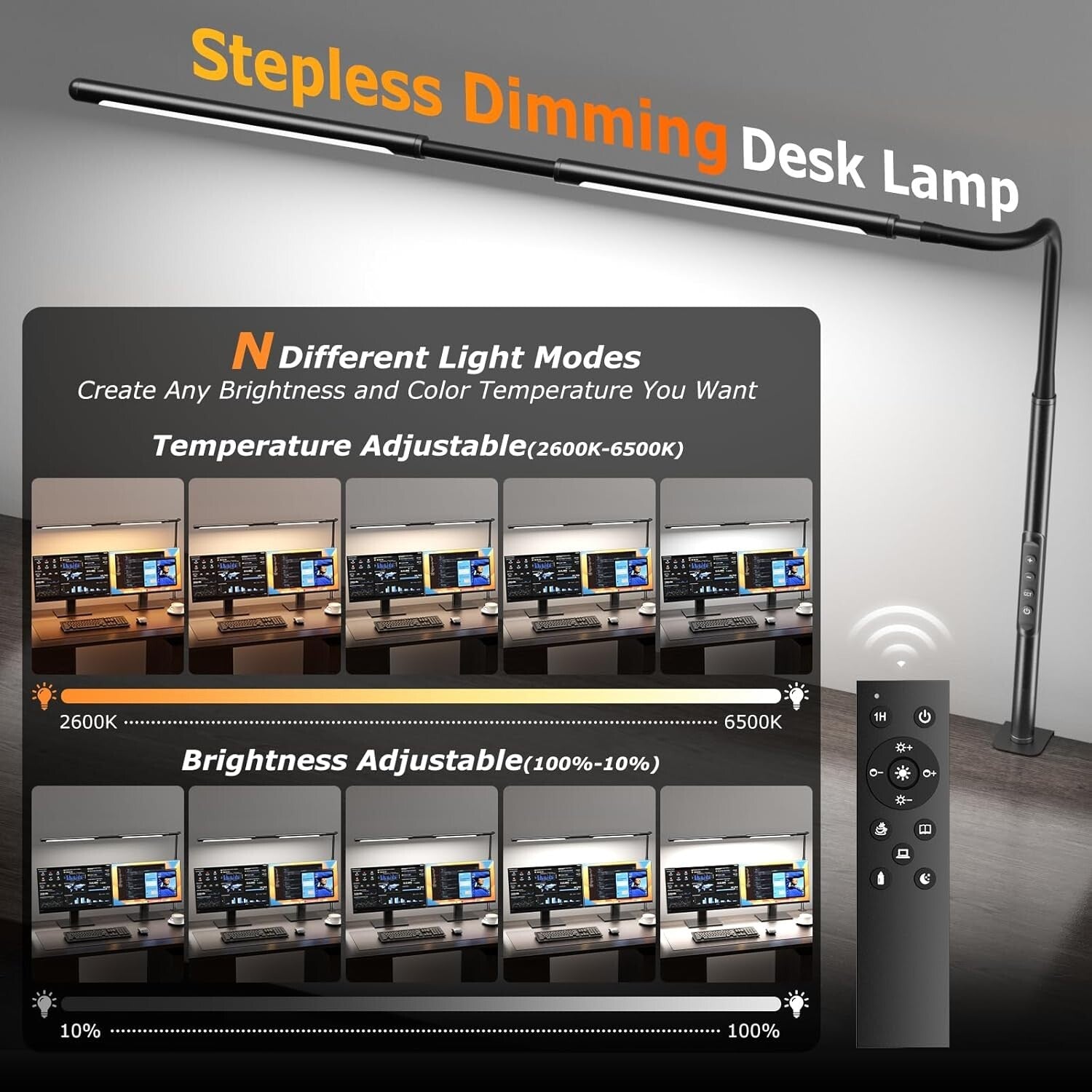 Adjustable Gooseneck LED Desk Lamp with Stepless Dimming & Remote Control