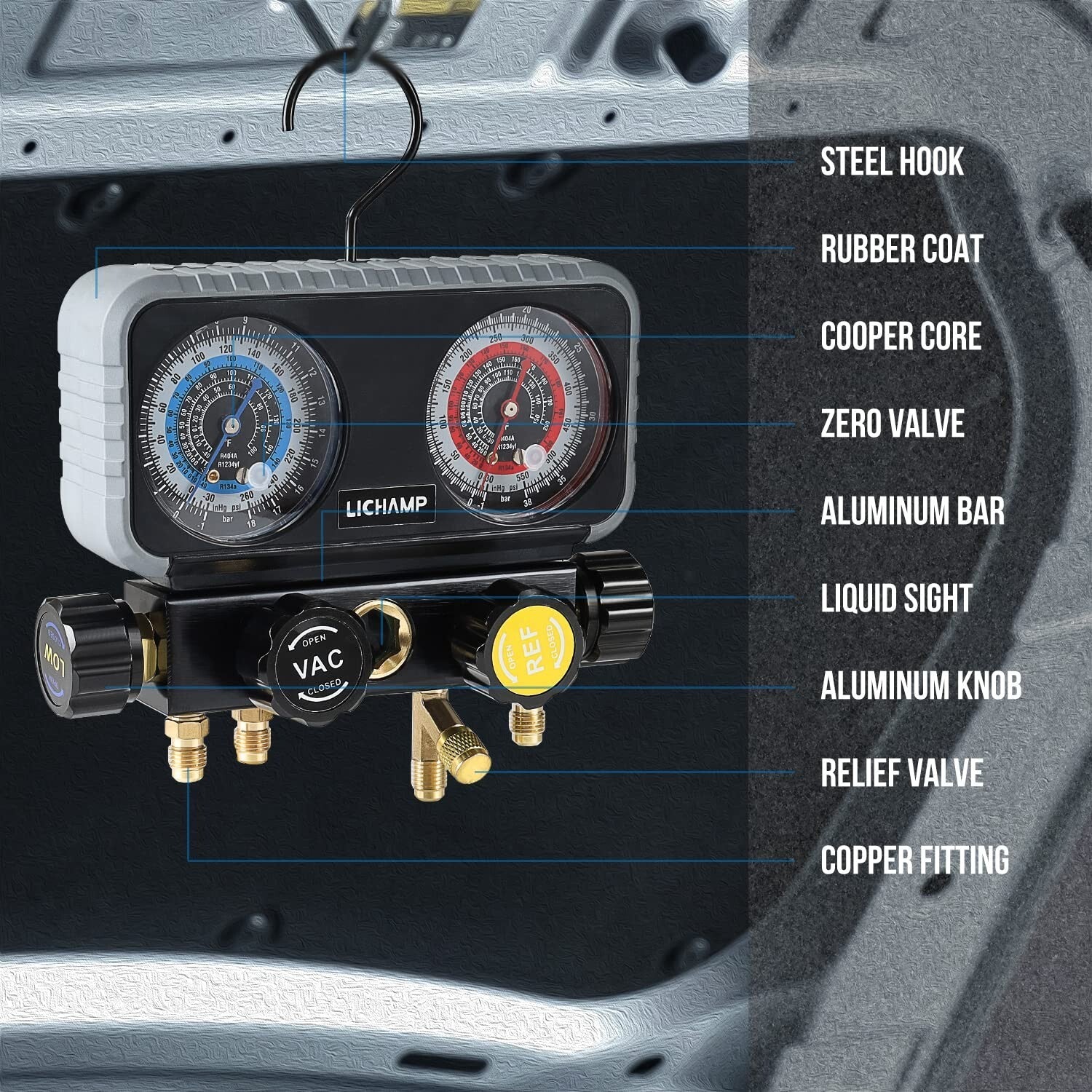 Automotive 4 Valve Manifold A/C Gauge Set – Complete with Essential Accessories