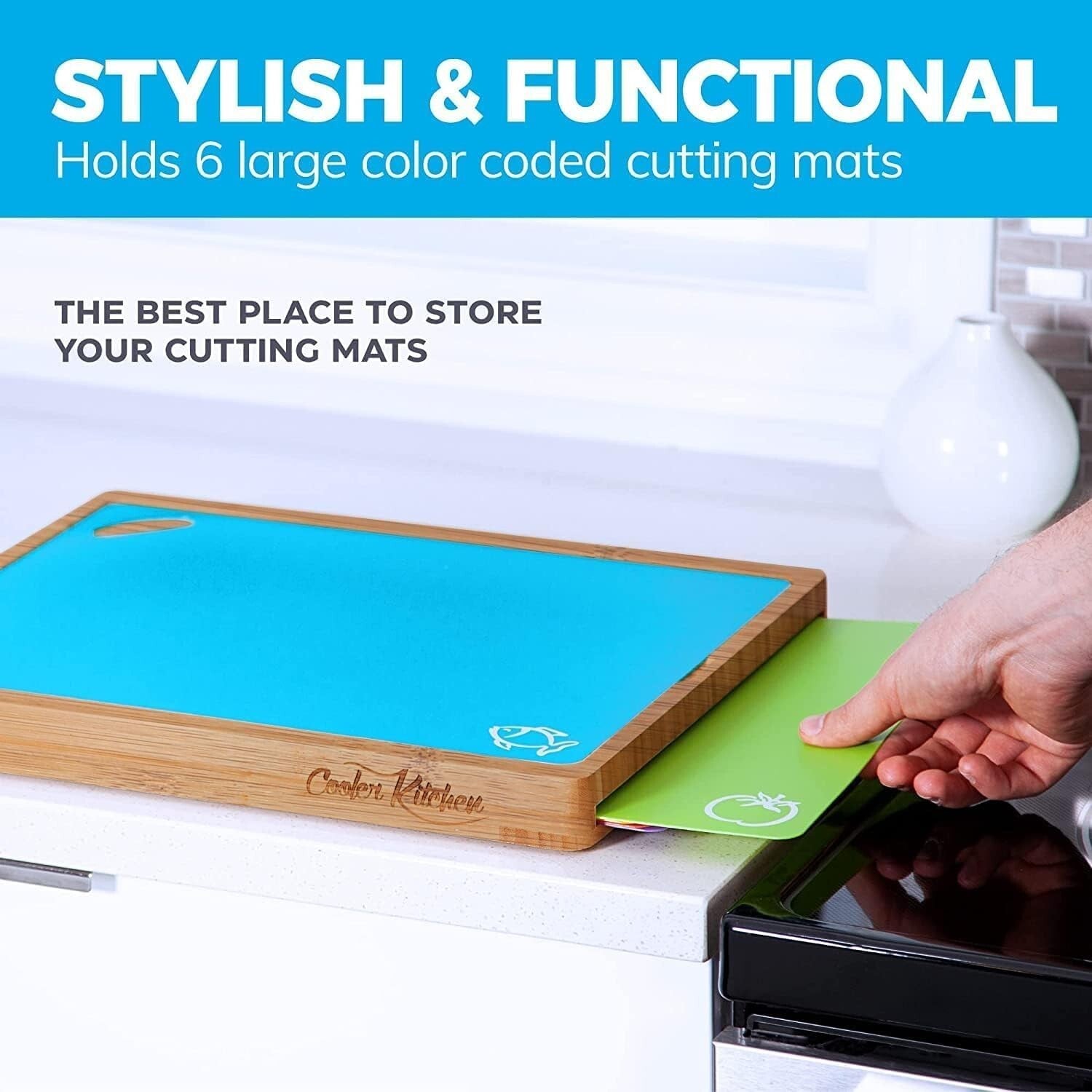 Durable Bamboo Cutting Board with Color-Coded Flexible Mats for Kitchen Safety
