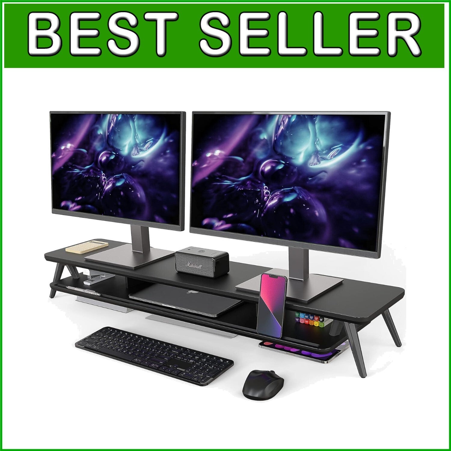 42.5 Inch Ergonomic Dual Monitor Riser - Stylish Desktop Organizer with Storage