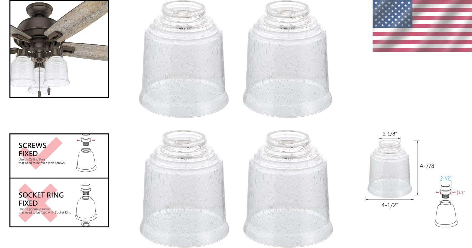 Elegant Pack of 4 Bell-Shaped Seeded Glass Shades for Ceiling Fans & Lamps