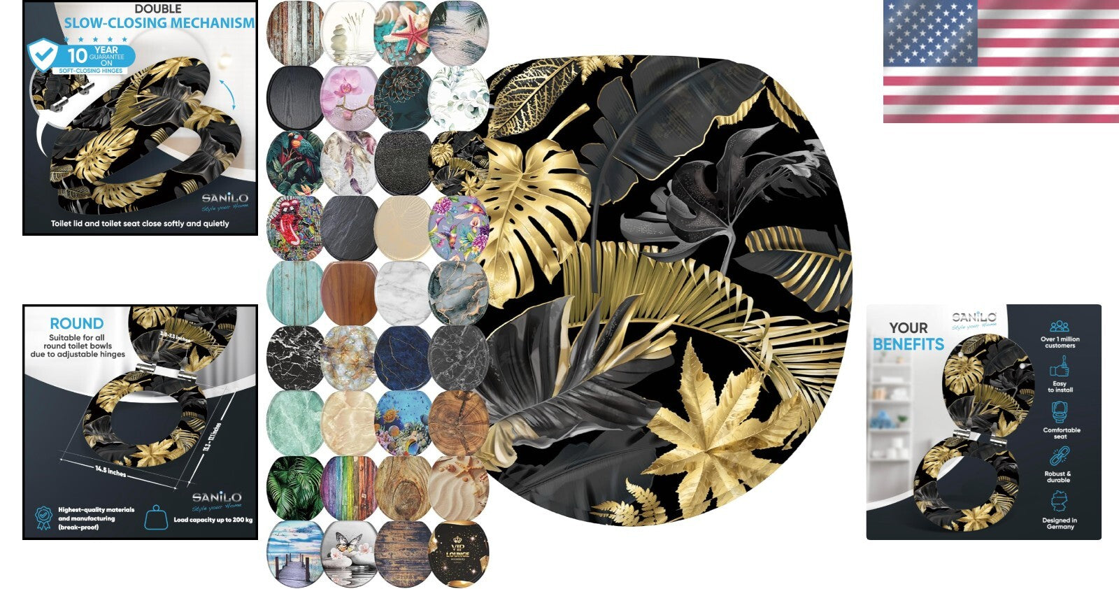 Luxury Molded Wood Toilet Seat with Soft Close Feature - Golden Leaves Design