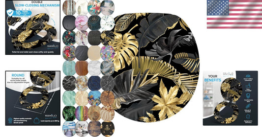 Luxury Molded Wood Toilet Seat with Soft Close Feature - Golden Leaves Design