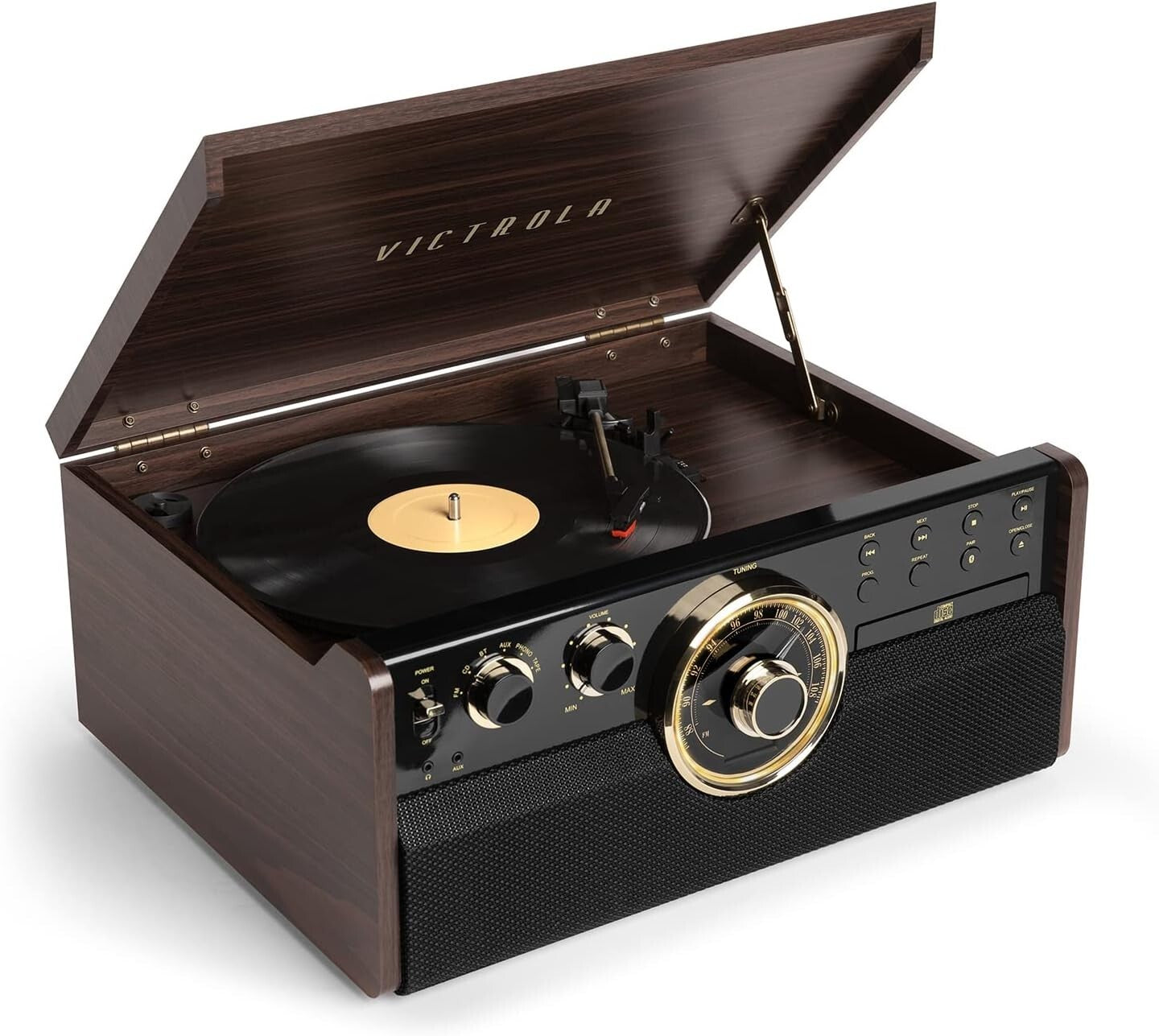 Elegant Espresso 3-Speed Turntable & Multimedia Center with Cassette & CD Player