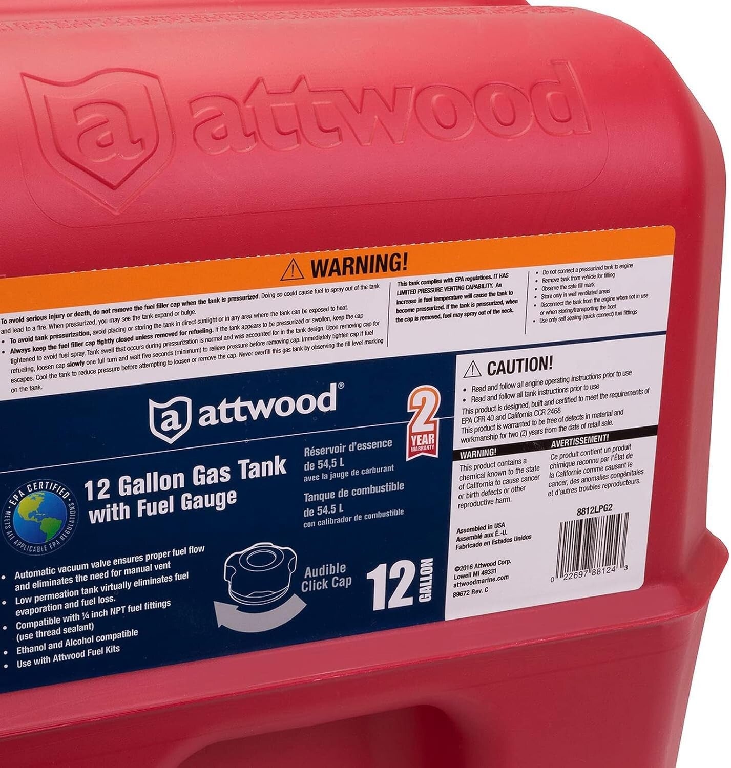 Heavy-Duty 12 Gallon Marine Fuel Tank with Vacuum Valve & EPA Certification