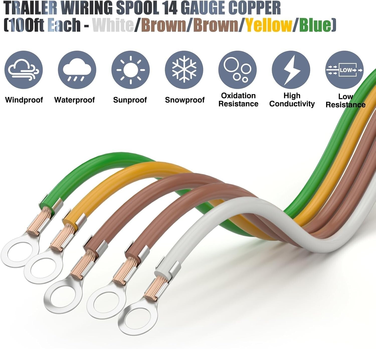 100Ft 14AWG Color-Coded 5-Way Trailer Wiring Cable - Durable and Easy Install