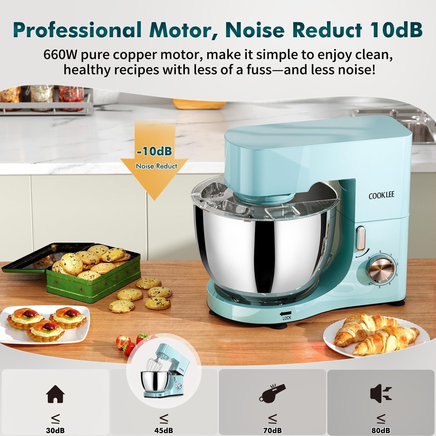 660W Electric Stand Mixer – 9.5 Qt Capacity, Blue Kitchen Mixer with Attachments