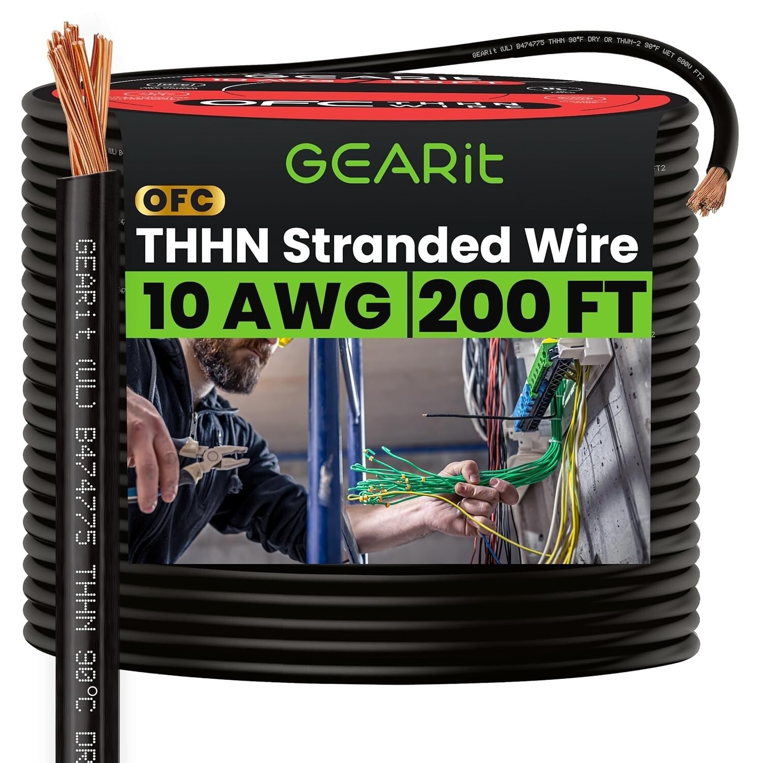 10 AWG Stranded THHN Wire - 200ft Black Copper, UL Listed & RoHS Compliant