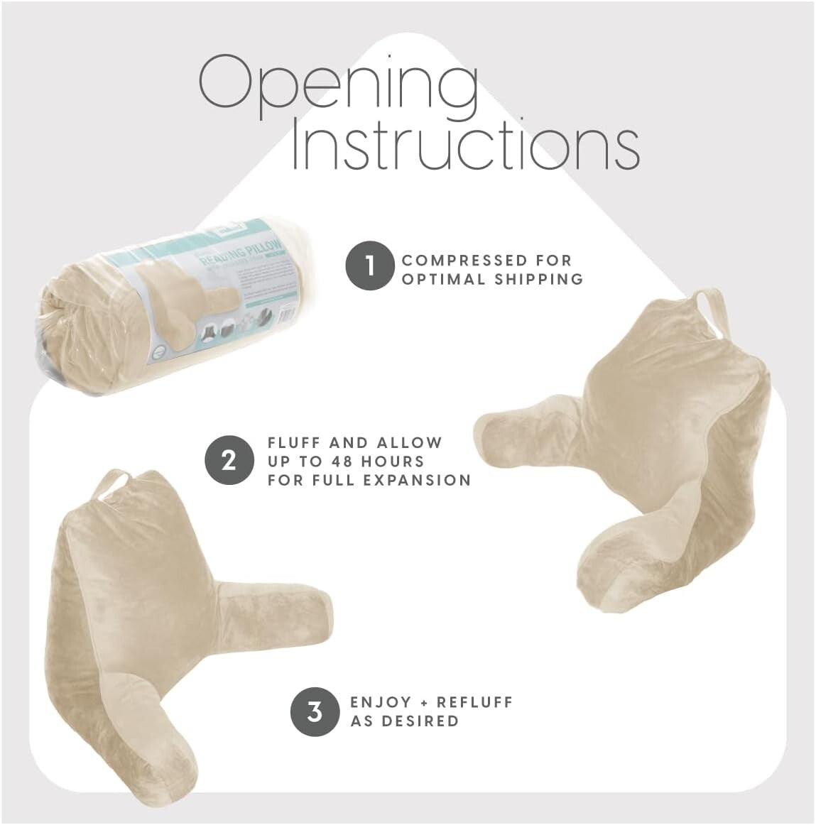 Large Cream Reading Pillow with Shredded Memory Foam & Arms for Ultimate Support