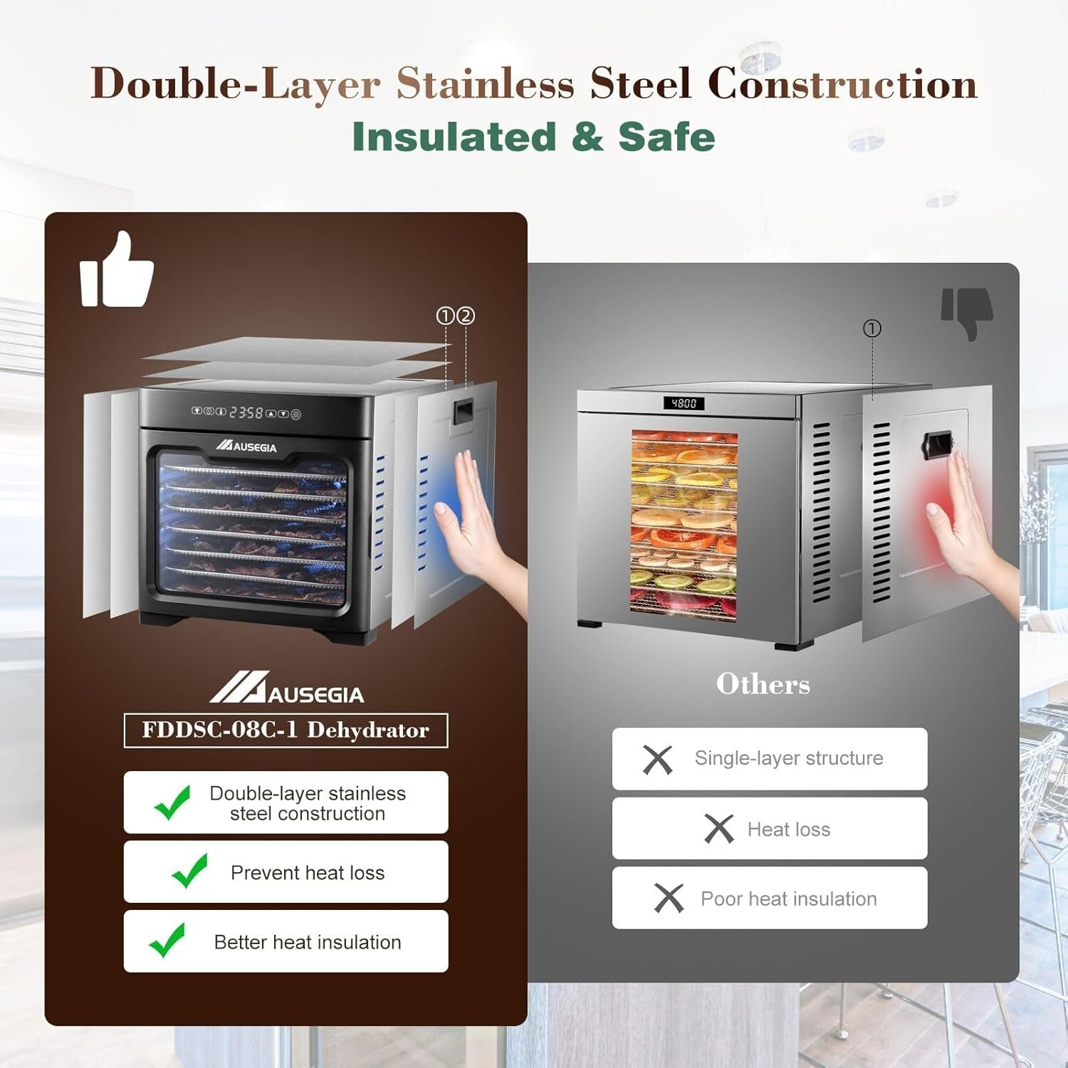 800W Stainless Steel Food Dehydrator with 8 Trays: Create Healthy Snacks Fast