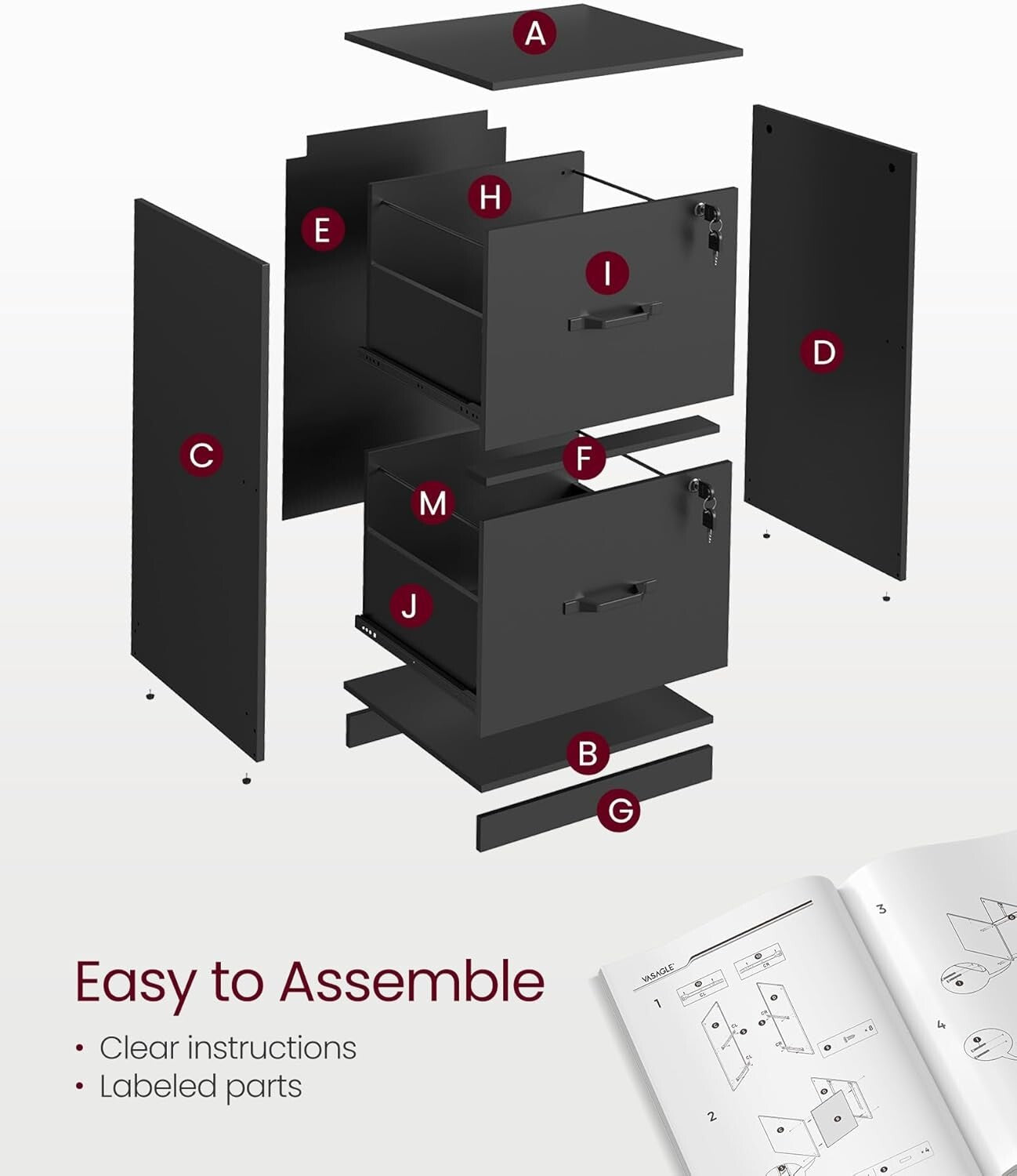 Stylish Ink Black Office Filing Cabinet with Lockable Drawers - Freestanding