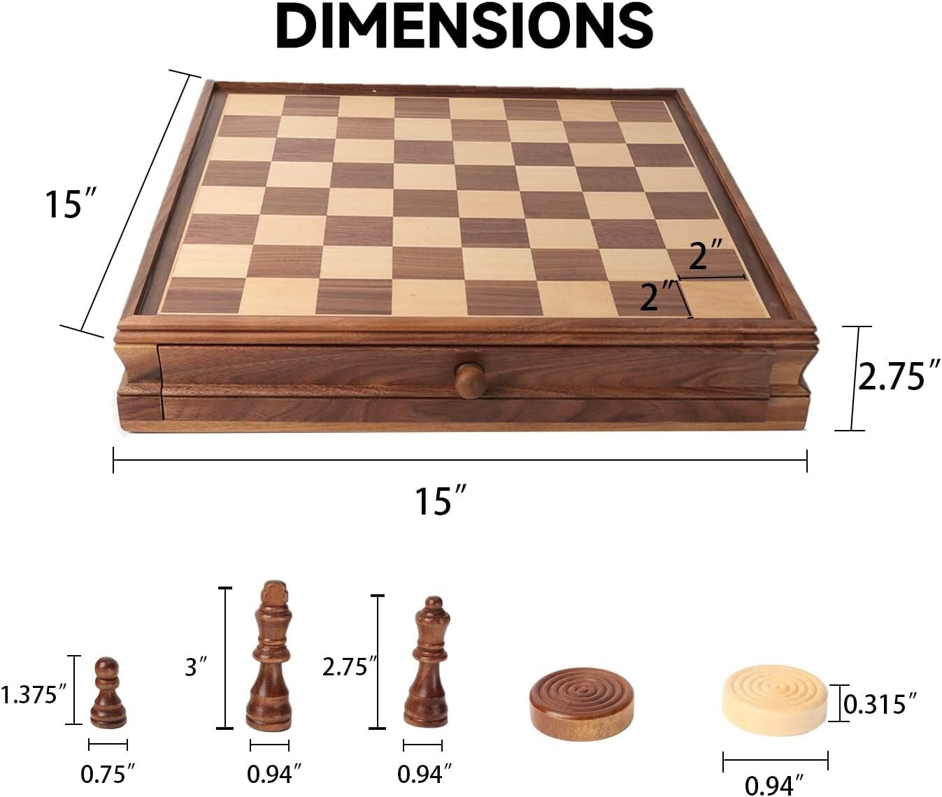 Elegant 15-Inch 2-in-1 Chess & Checkers Board Game Set with Storage Drawer