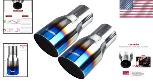 Pack of 2 Blue Burnt 304 Stainless Steel Exhaust Tips - 2.5" Inlet, 3.5" Outlet