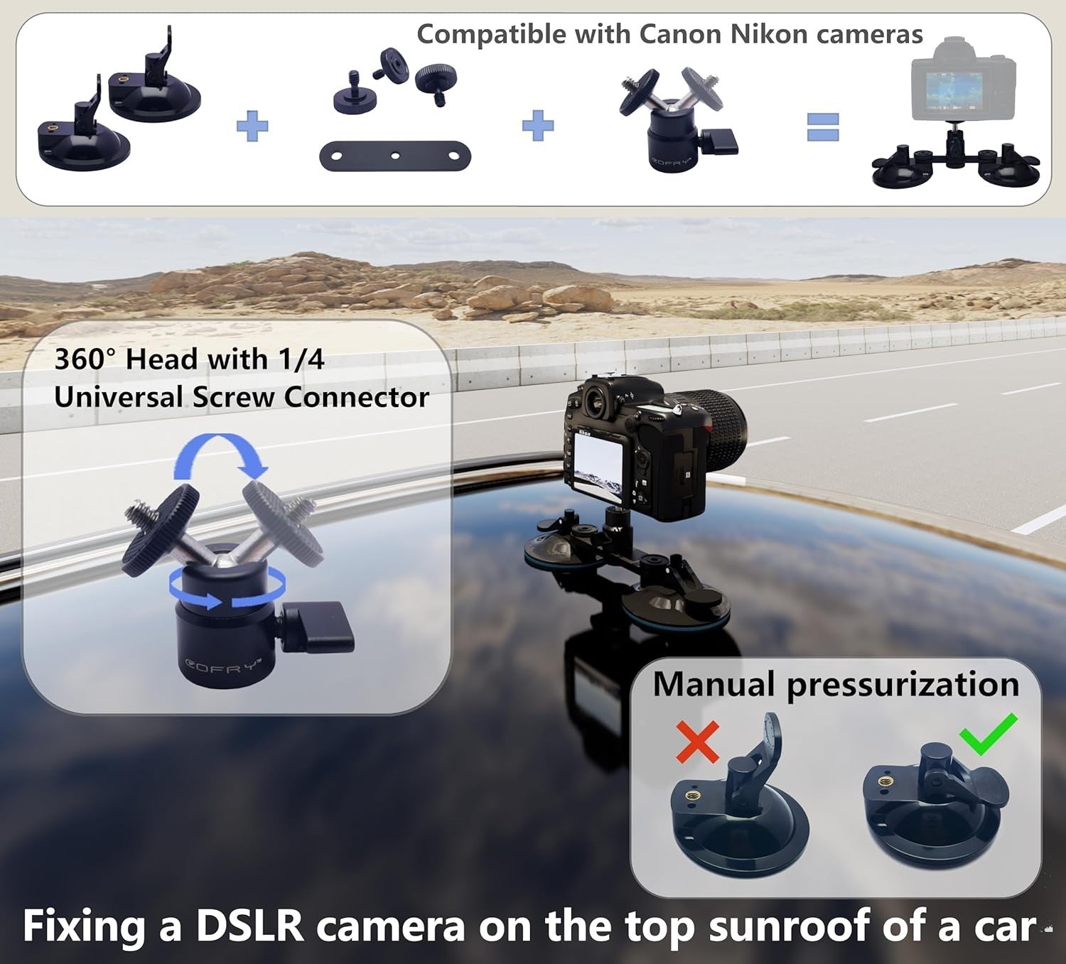 Aviation Grade Aluminum Car Mount with 44-Inch Selfie Stick for Action Cameras