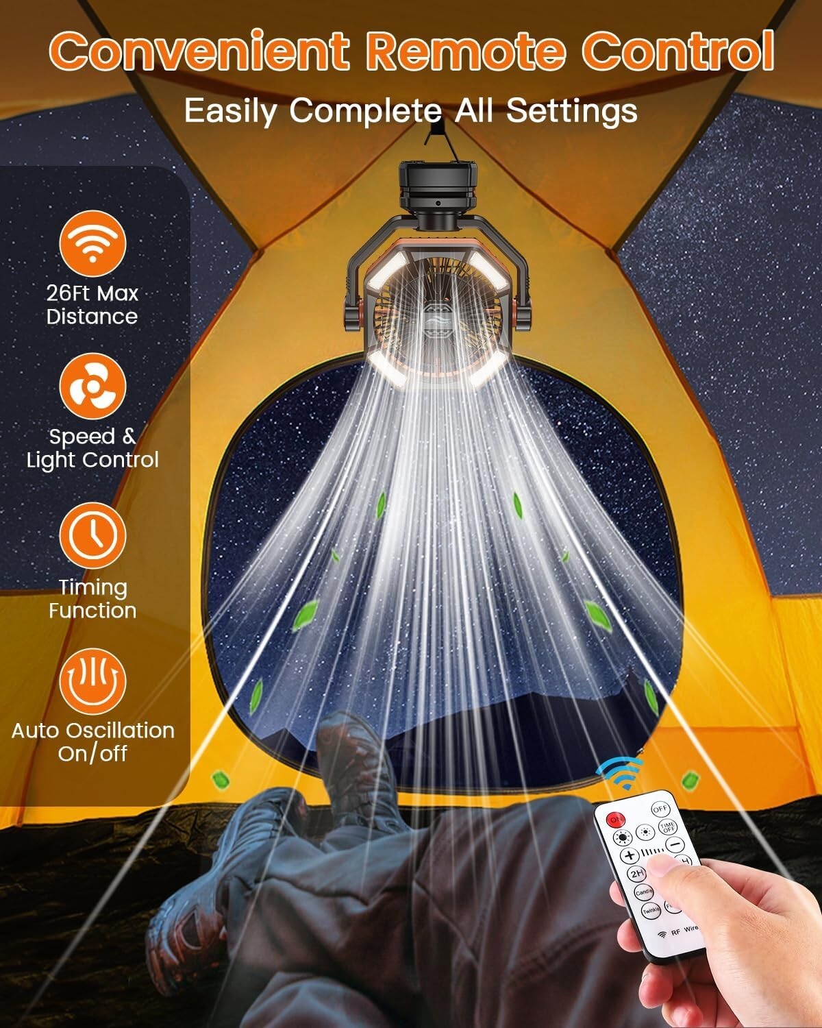 Rechargeable Camping Fan with 5 Speeds & 270-Degree Rotation for Comfort