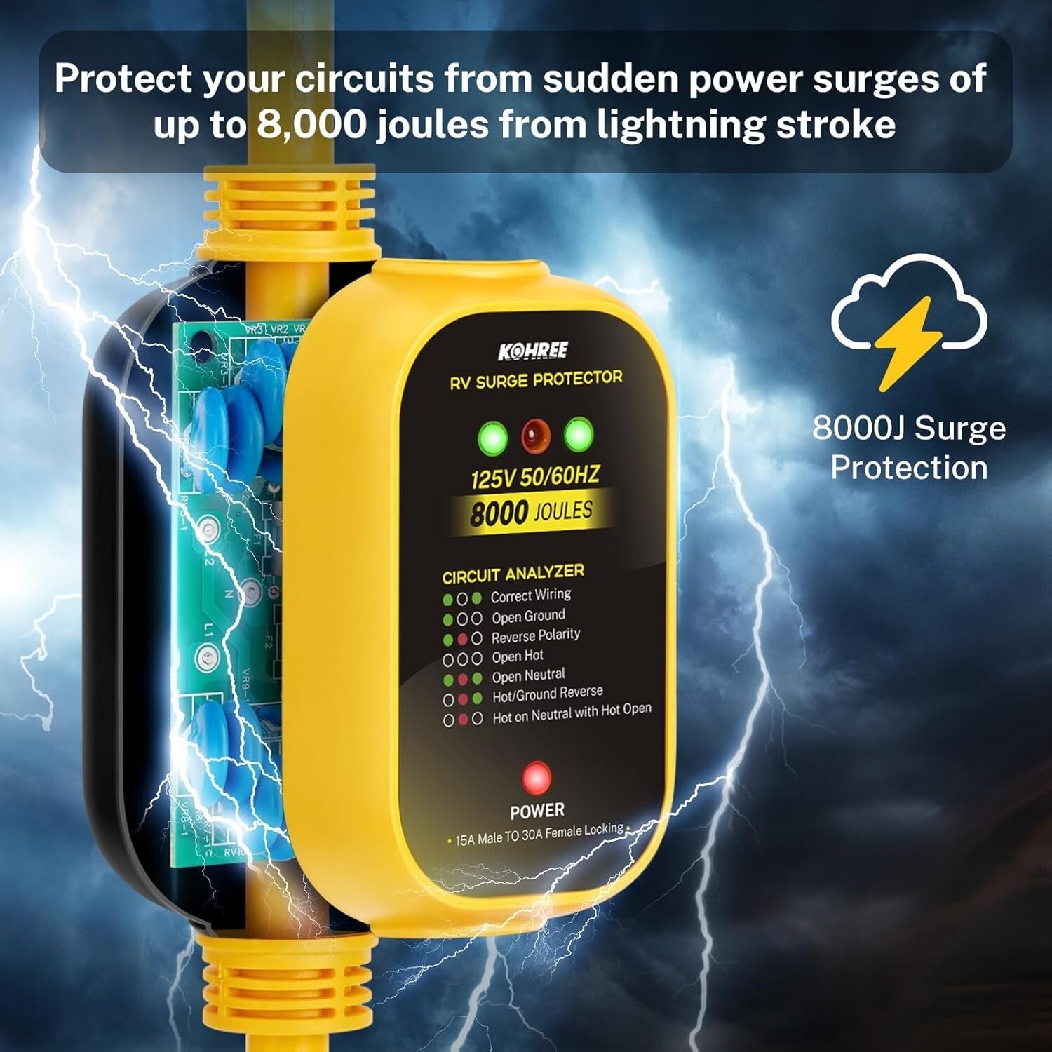 Surge Protected 30 Amp to 110V RV Power Adapter with Twist Lock & LED Indicators