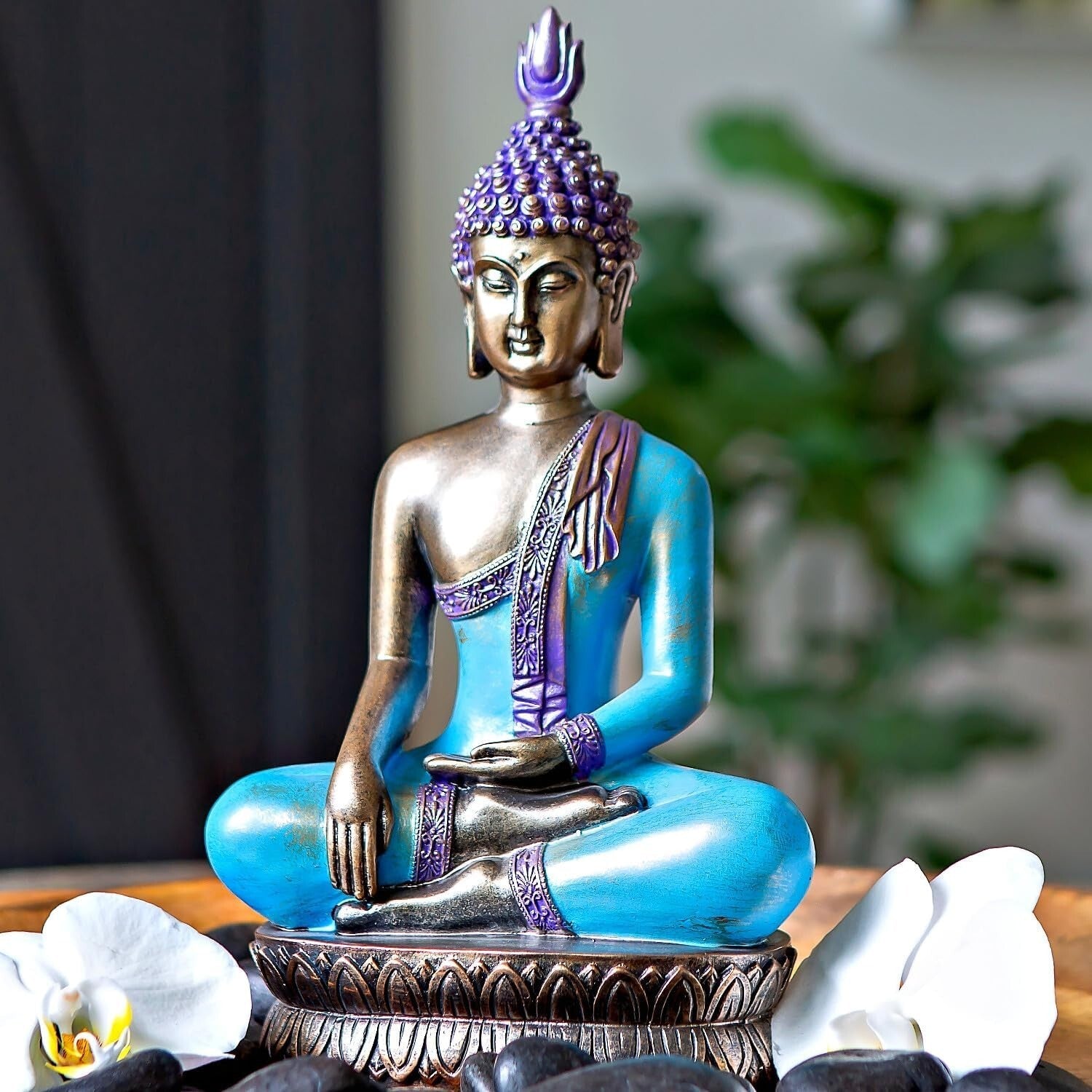 Gift-Ready 12.5" Buddha Statue - Unique Meditation Decor in Sea Blue & Purple