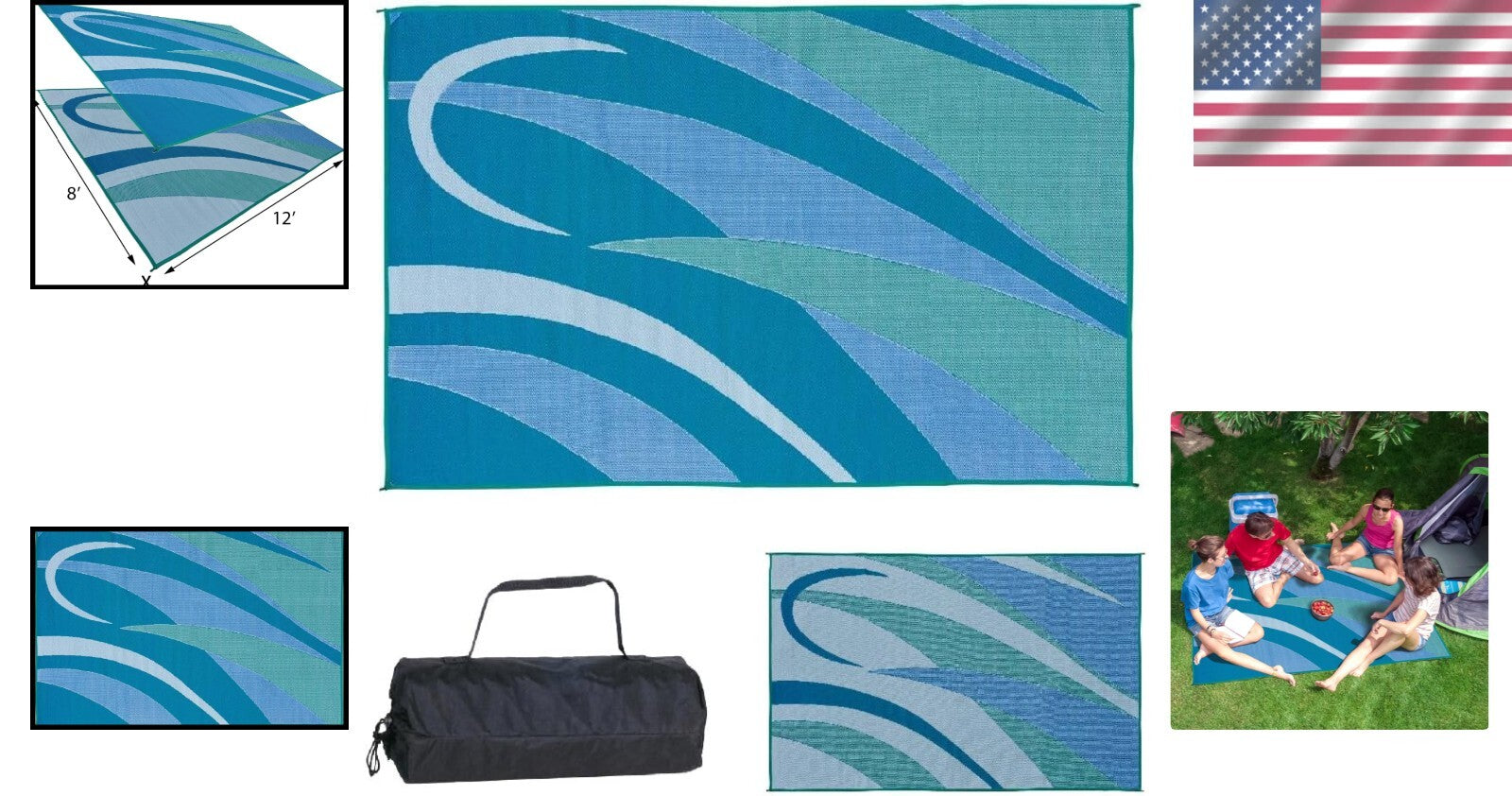Durable 8'x12' Reversible Garden Rug - Lightweight Blue/Green Patio Solution