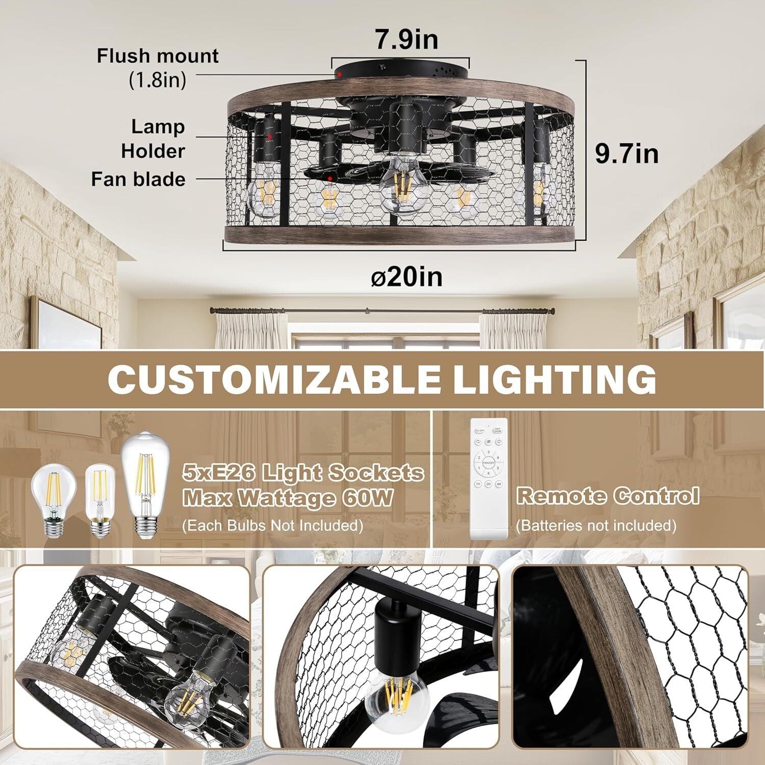 20'' Flush Mount Rustic Ceiling Fan with Lights & Remote for Stylish Spaces