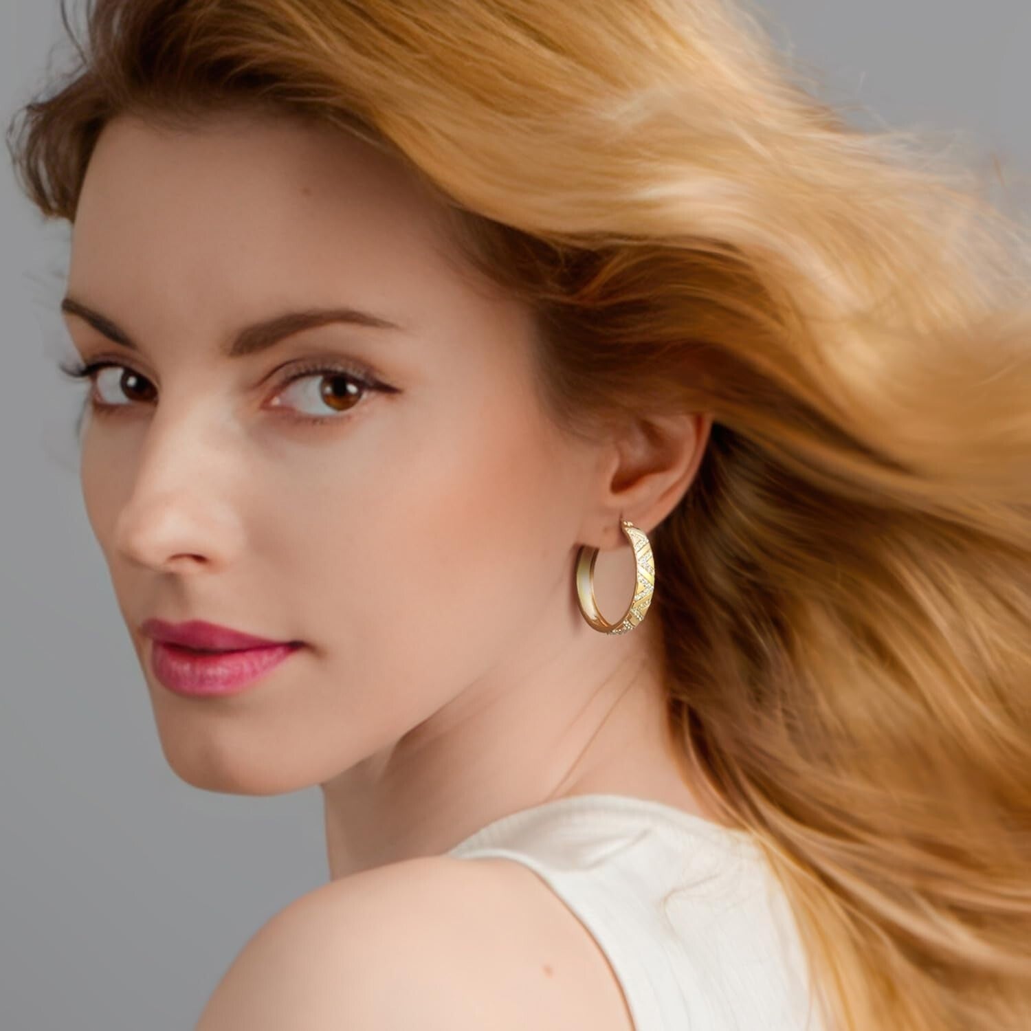 25mm Thick 14K Gold Hoop Earrings with V-Cut and Diamond Sparkle for Women