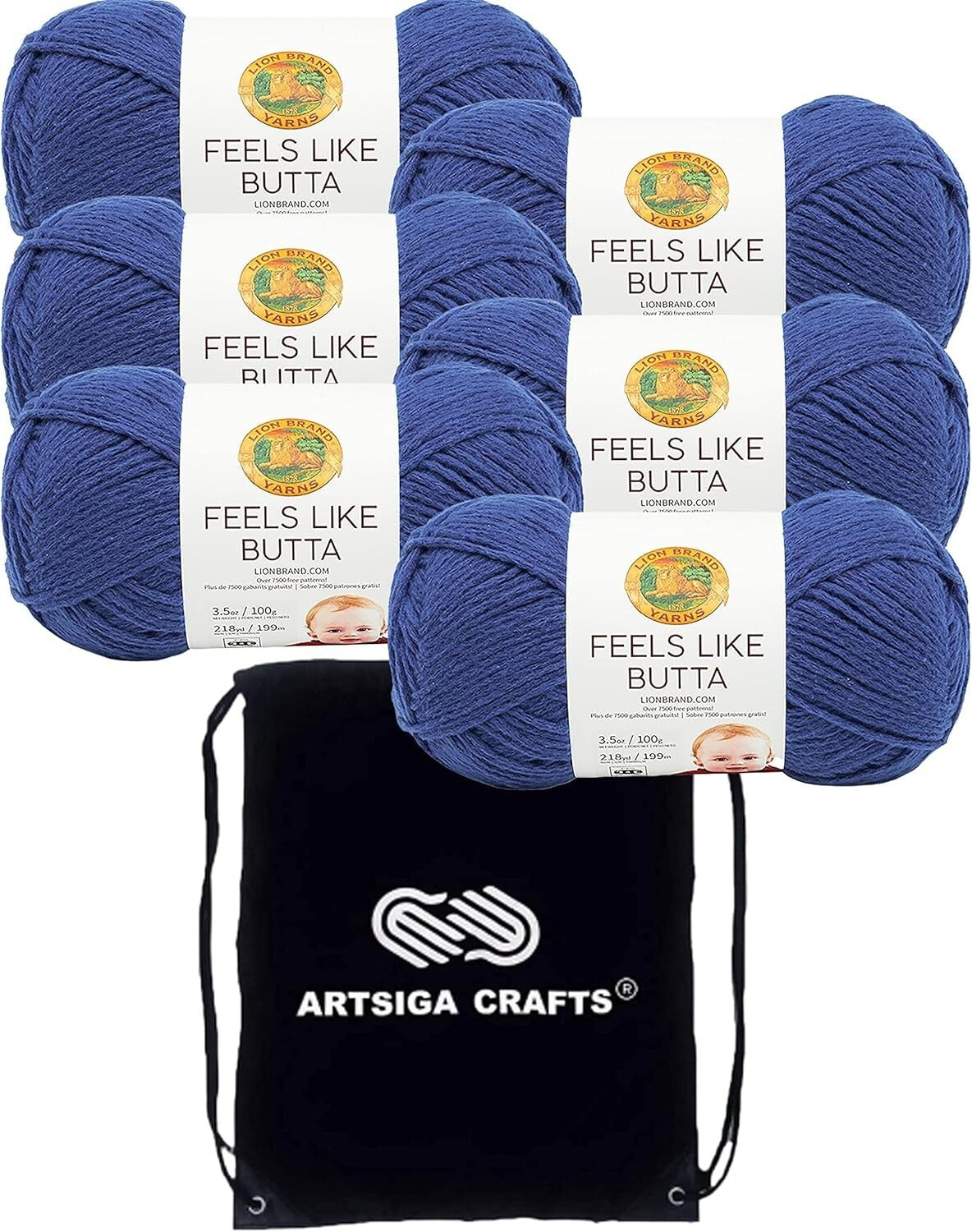 Durable Royal Blue Yarn Set - Same Dye Lot, 6 Skeins & Drawstring Project Bag