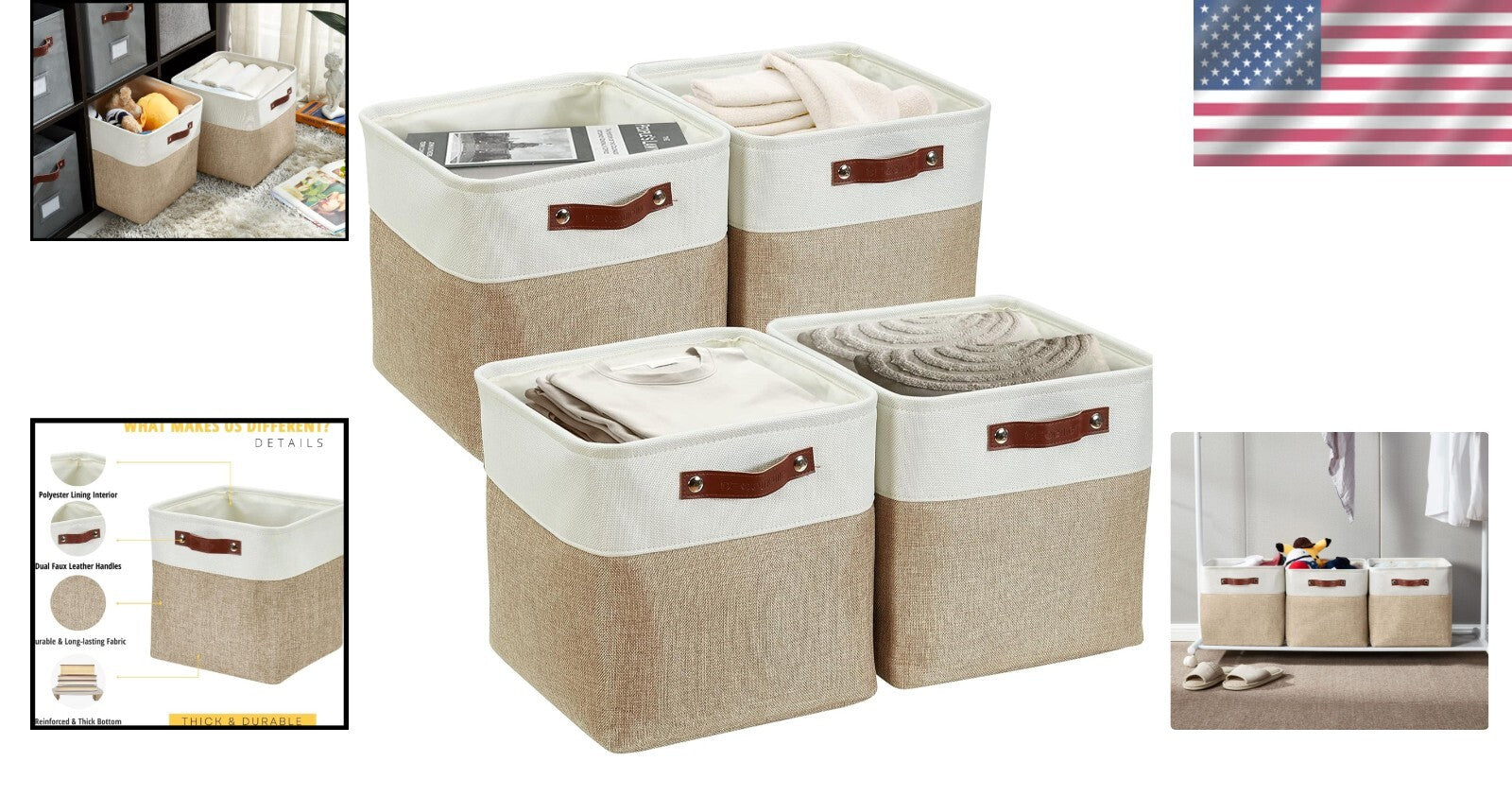 Durable 13 Inch Cube Storage Bins - Beige & White - Perfect for Organizing