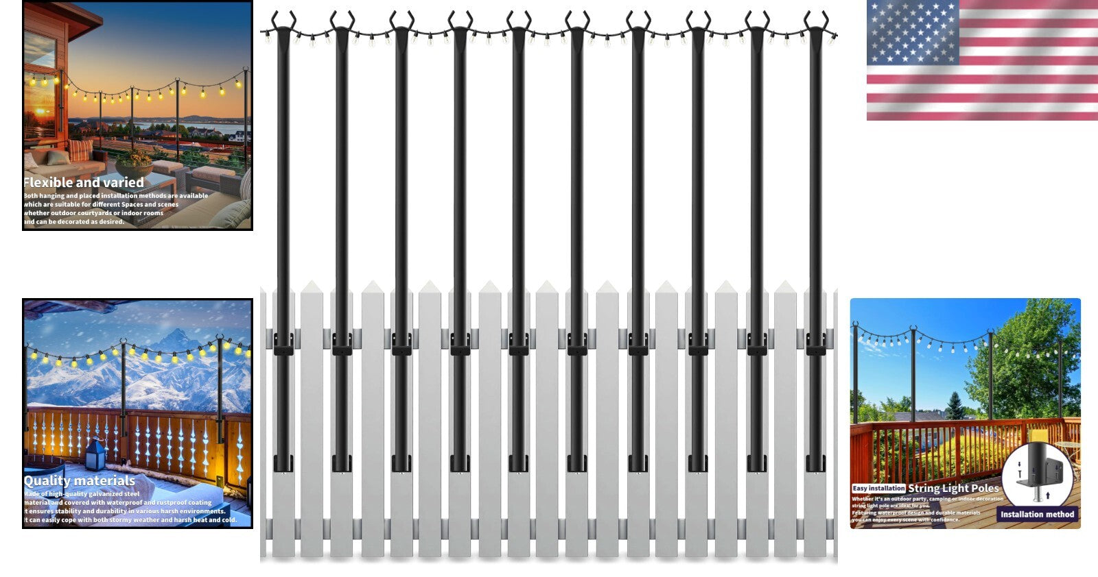 10 Pack Outdoor Hanging Light Poles - 5ft Metal Stakes for String Lights & Décor