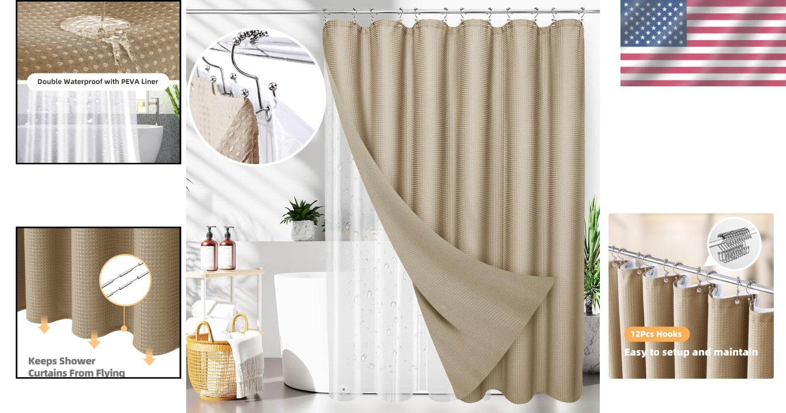 All-Season Waterproof Waffle Shower Curtain Set with Stainless Steel Hooks 72x84