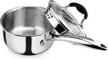 Load image into Gallery viewer, Premium Tri-Ply Stainless Steel Saucepan with Strainer Lid and Ergonomic Handle