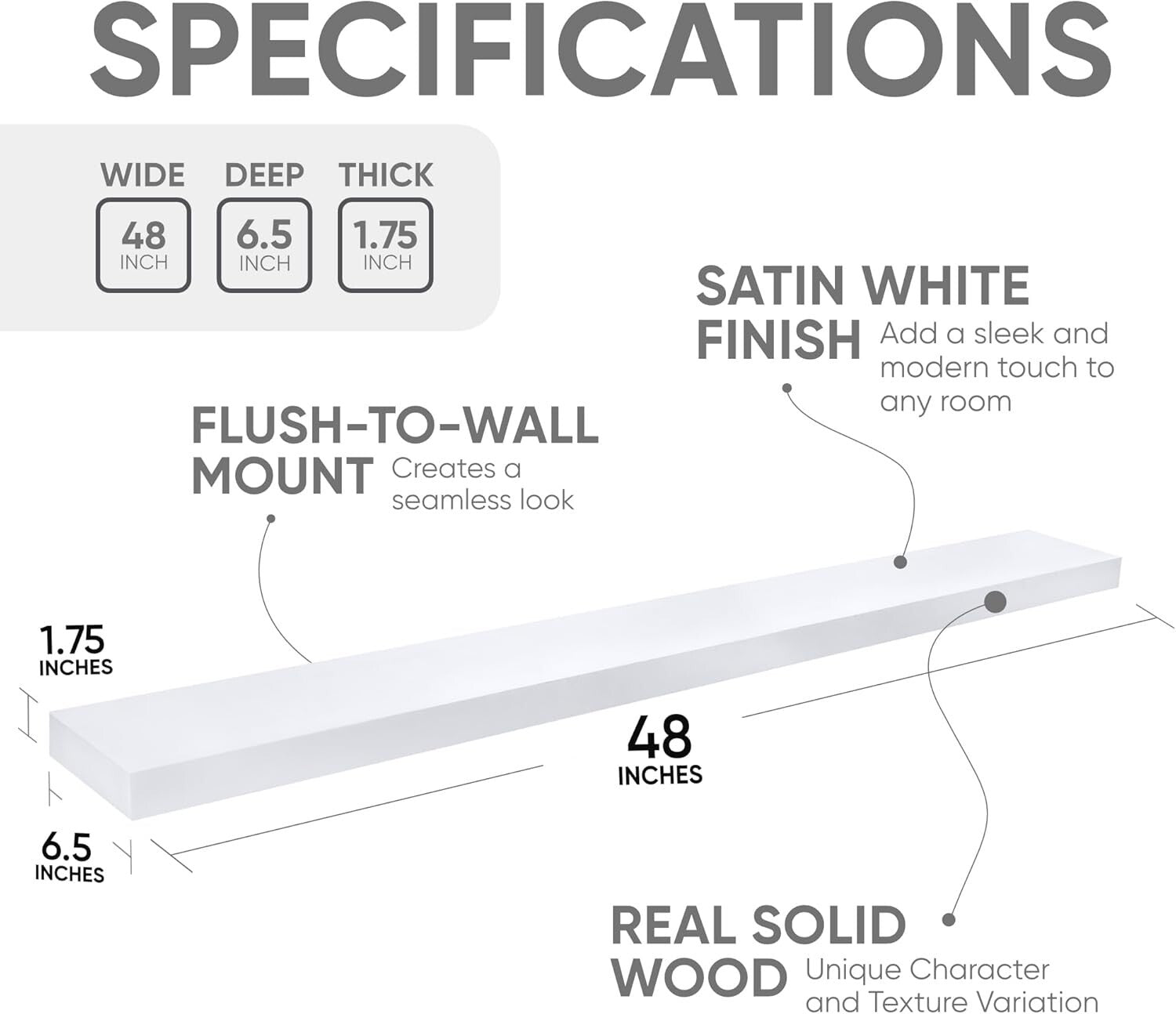 Heavy-Duty 48 Inch Floating Shelves - Elegant Décor for Kitchen & Bathroom