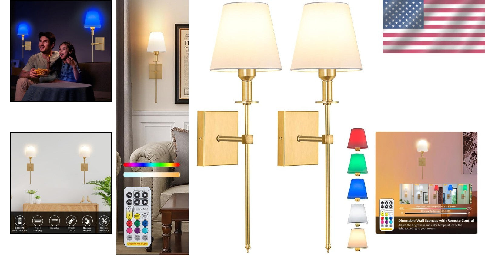 Elegant Gold Battery-Powered Wall Sconce Set - Dimmable & Adjustable Lighting