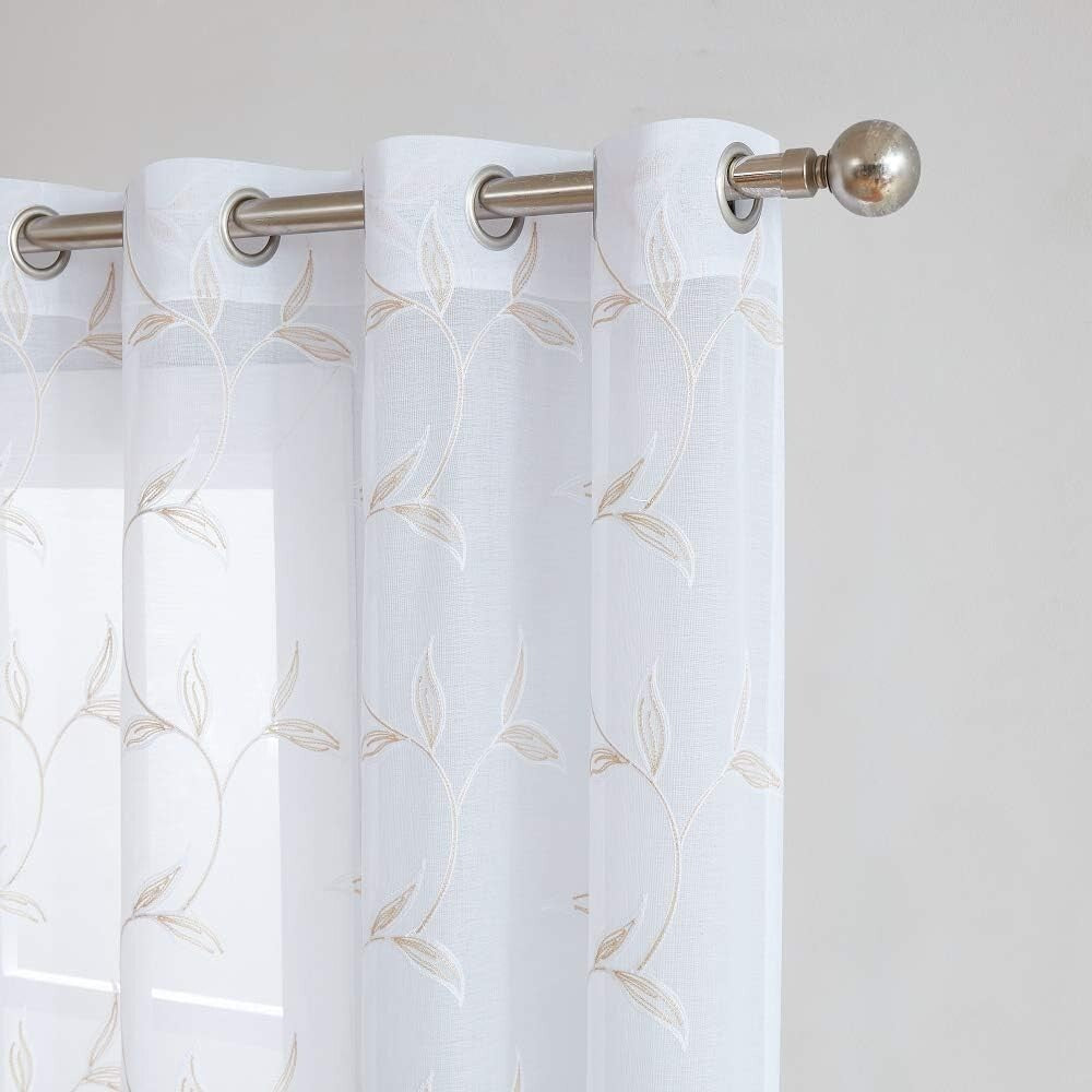 Elegant Sheer White Faux-Linen Curtains with Leaf Embroidery, 54" x 84"