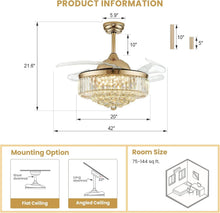 Load image into Gallery viewer, Modern Gold Crystal Ceiling Fan with Dimmable LED Lights, 42" Retractable Design