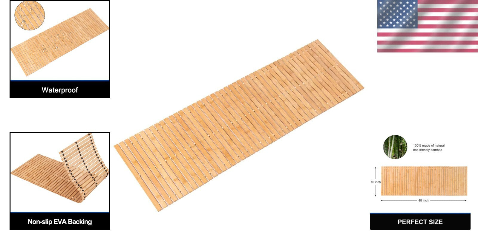 Durable Waterproof Bamboo Bath Mat - Long Lasting Non-Slip Shower Runner 16x48