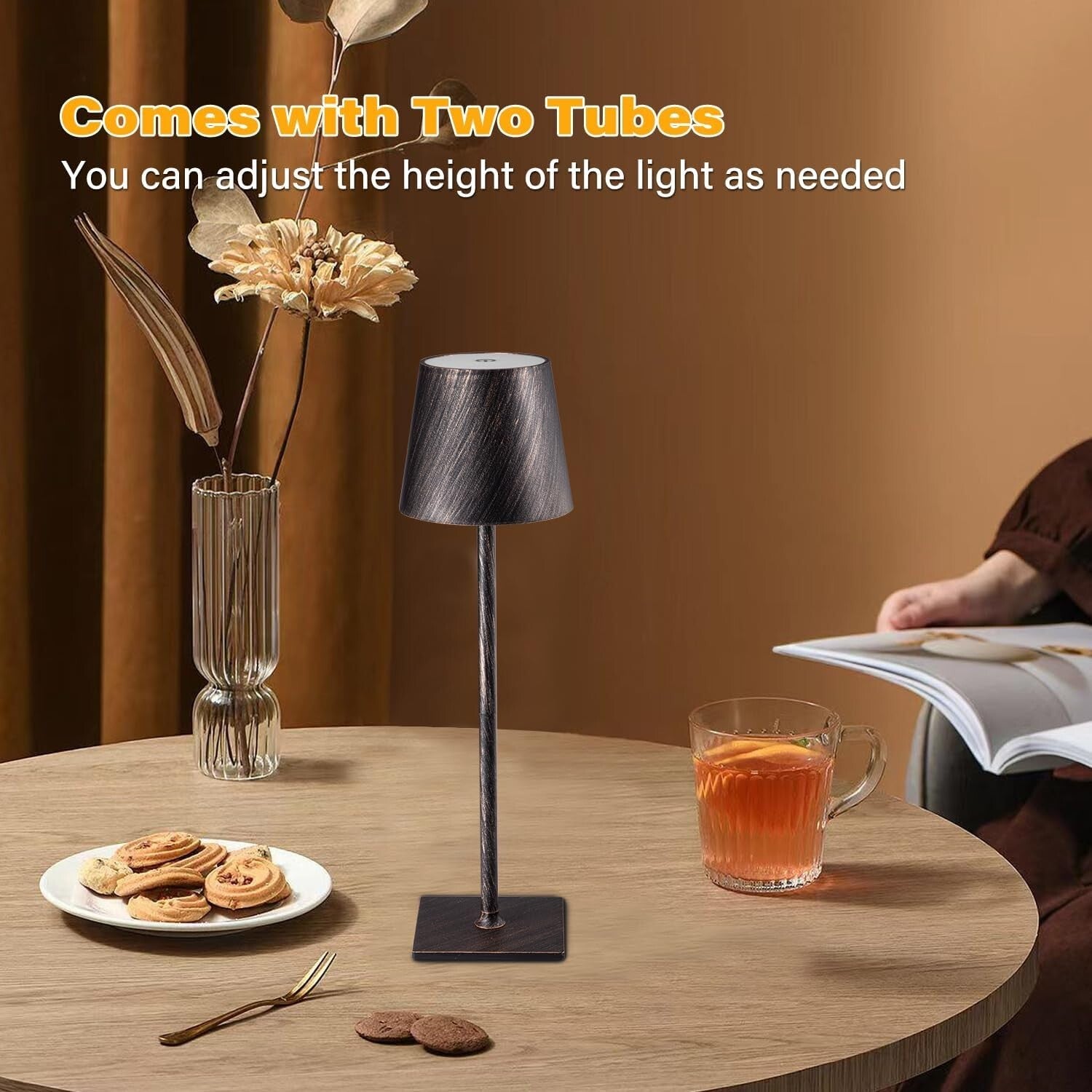 2 Pack Cordless LED Table Lamp - Antique Copper, Stepless Dimming, Rechargeable