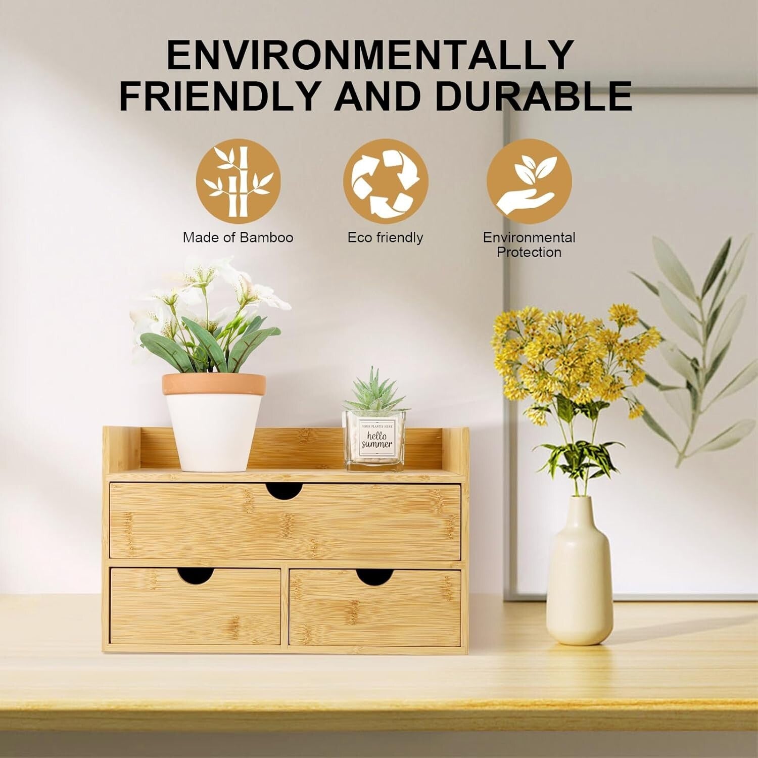 Elegant 3-Drawer Bamboo Desk Organizer with Shelf - Perfect for Makeup & Office