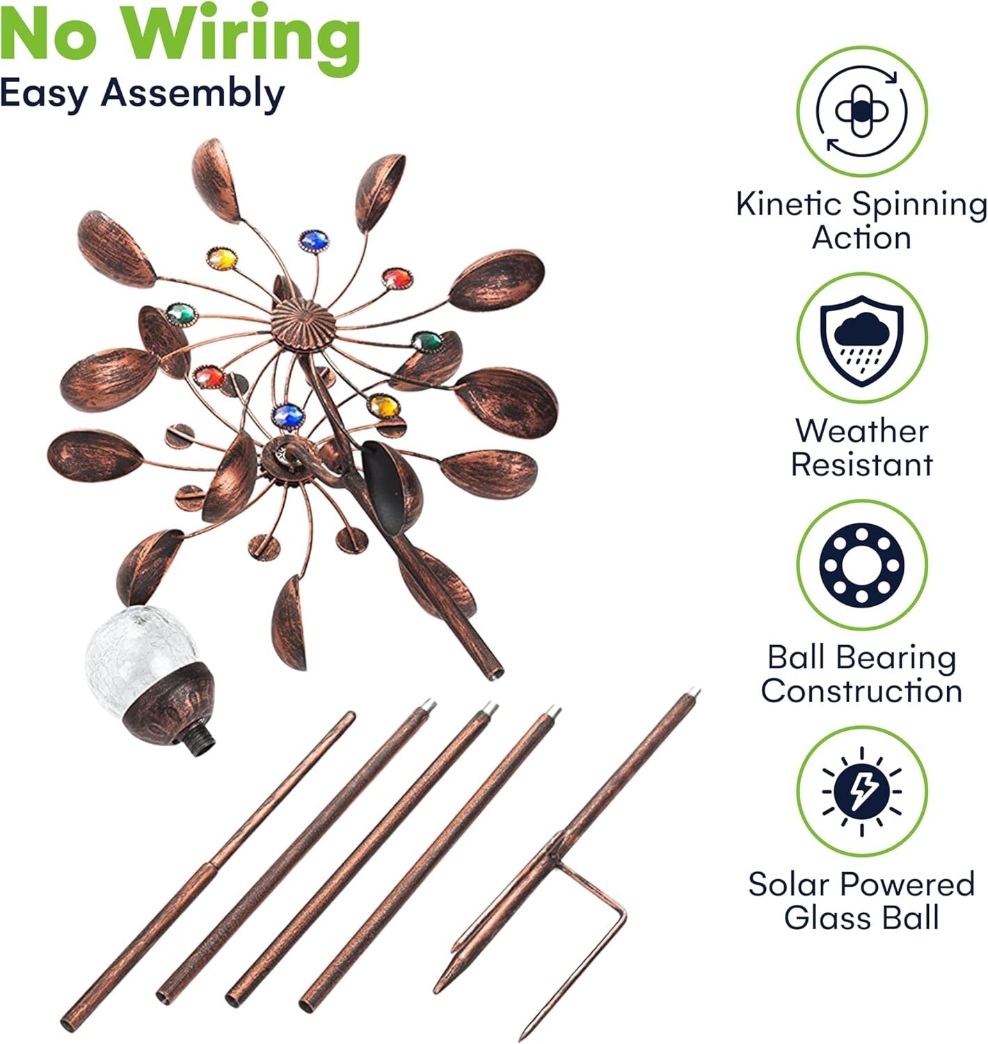 Bronze Solar Wind Spinner - 75-Inch Kinetic Sculpture with Color-Changing LED