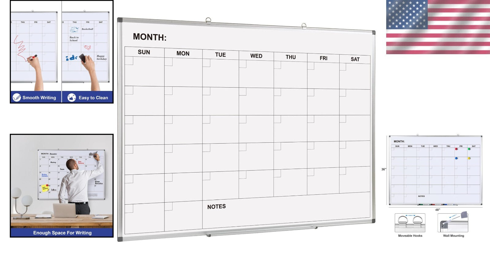 Easy Install Wall-Mounted Dry Erase Calendar - 48x36 for Efficient Planning