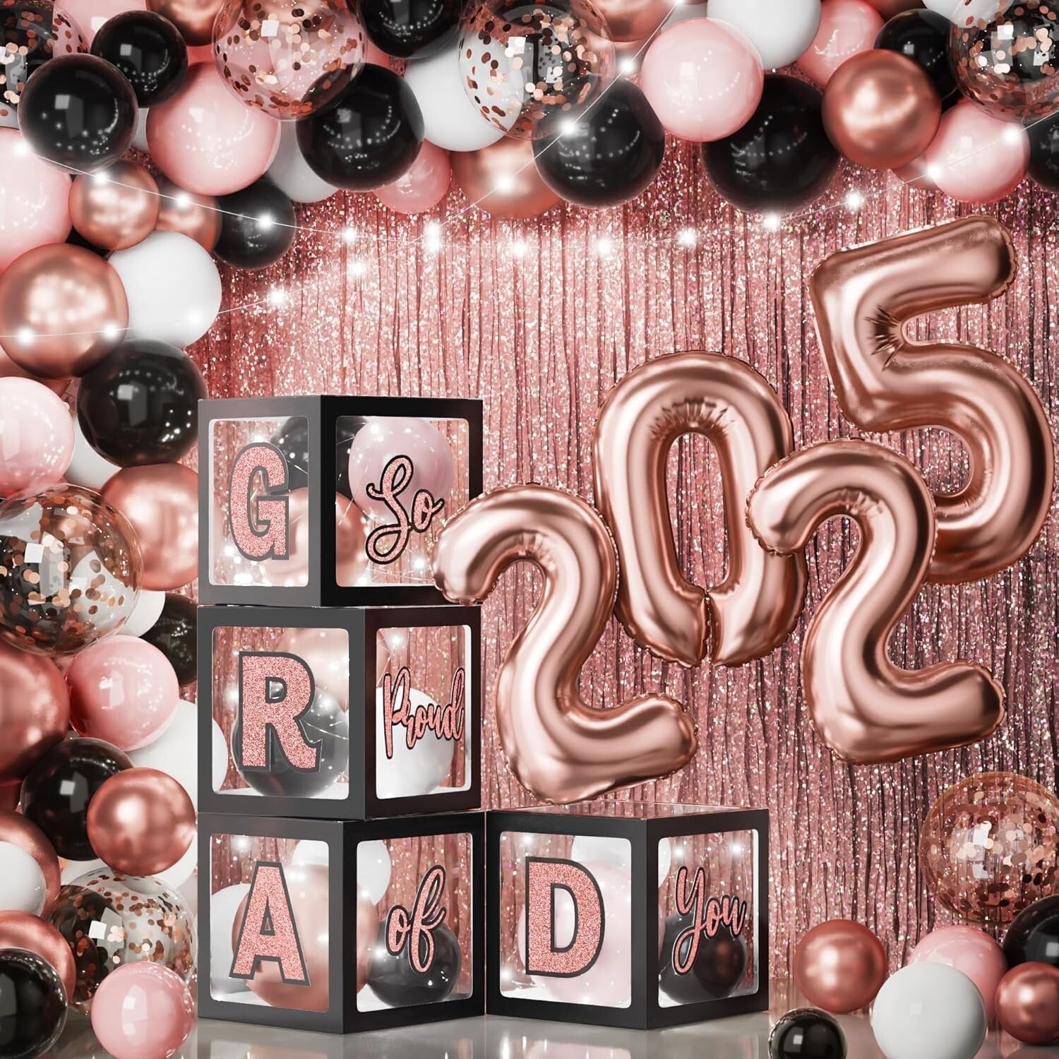 Class of 2025 Black Pink Graduation Decor Set - 86Pcs with LED Lights & Balloons