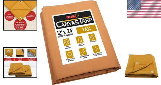 Durable Tan Canvas Tarp 12' x 24' - Heavy Duty, UV Protected & Breathable