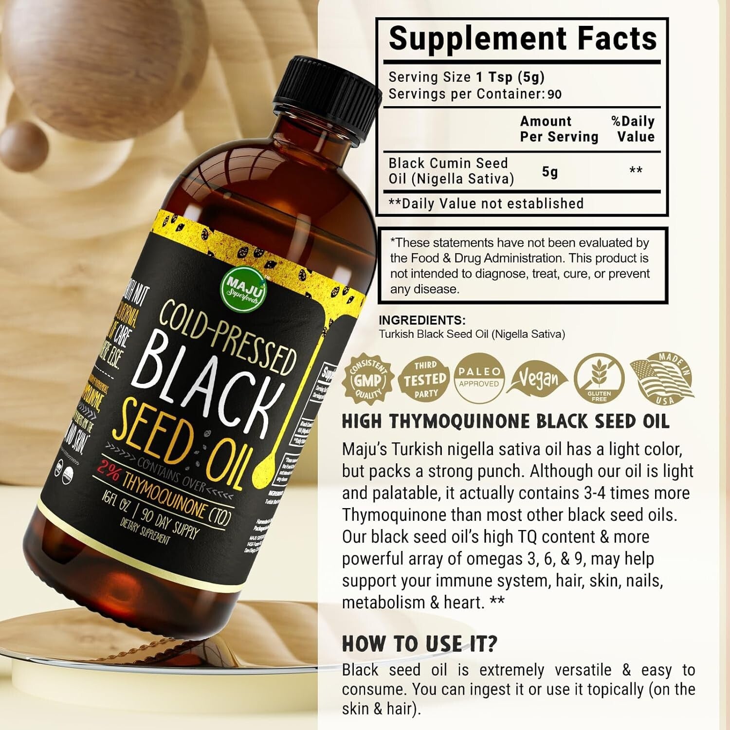 Maju's 16oz Black Seed Oil: Cold Pressed, Boost Immunity with 3X Thymoquinone