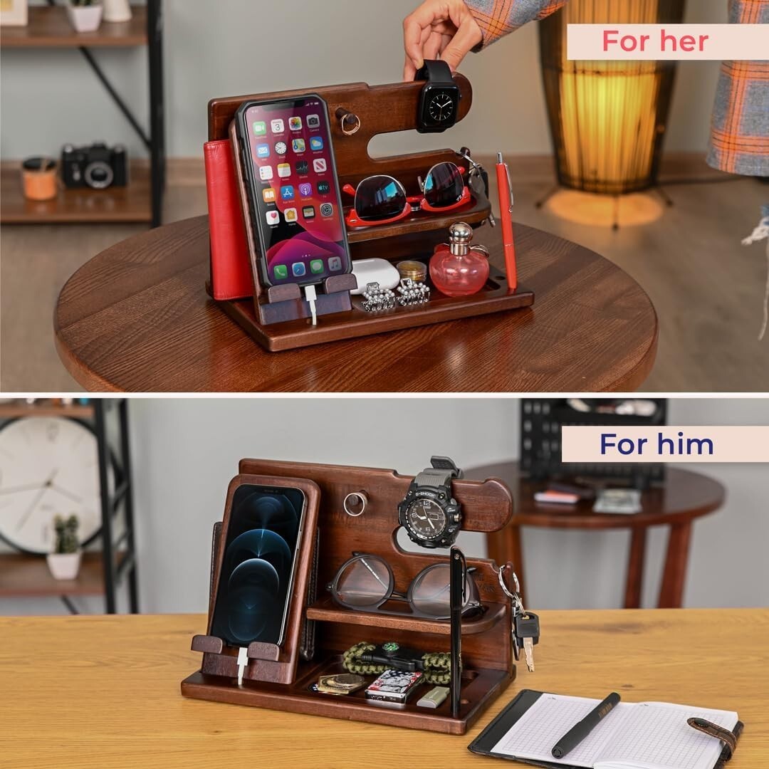 Elegant Wood Phone Docking Station & Organizer for Desk or Nightstand Gifts