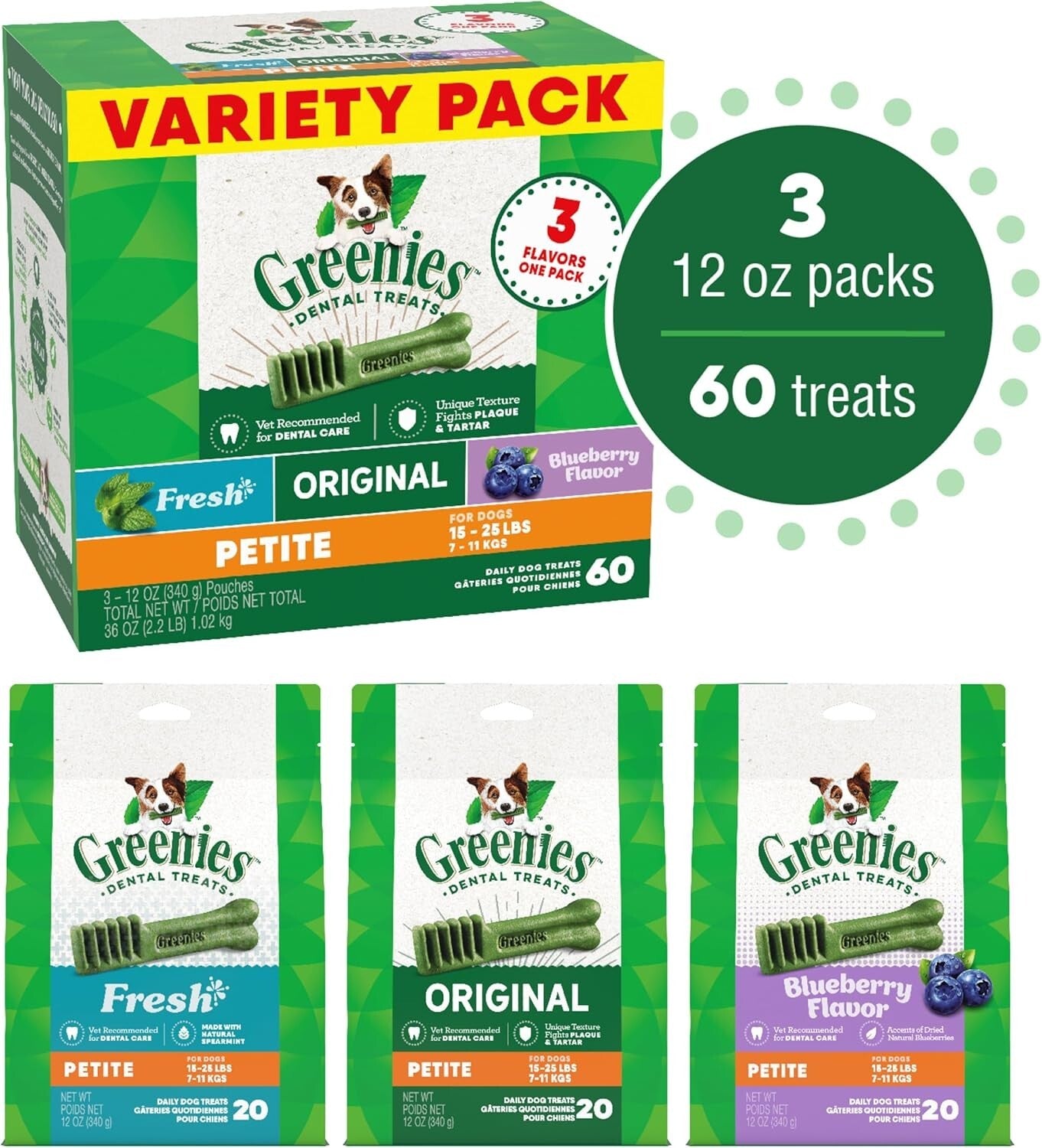 60 Piece Petite Dog Dental Treats - Minty Fresh & Blueberry Flavor for Care
