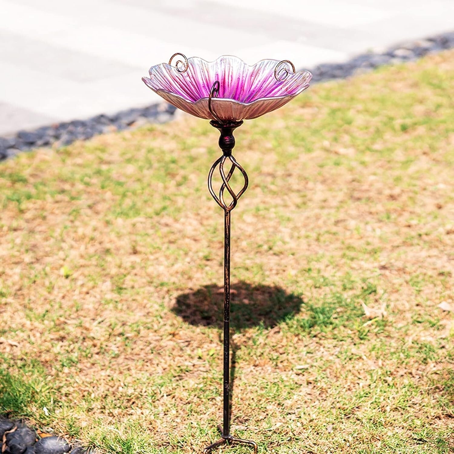 Charming 31-Inch Pink Glass Birdbath with Stake - A Delight for Birds and Homes